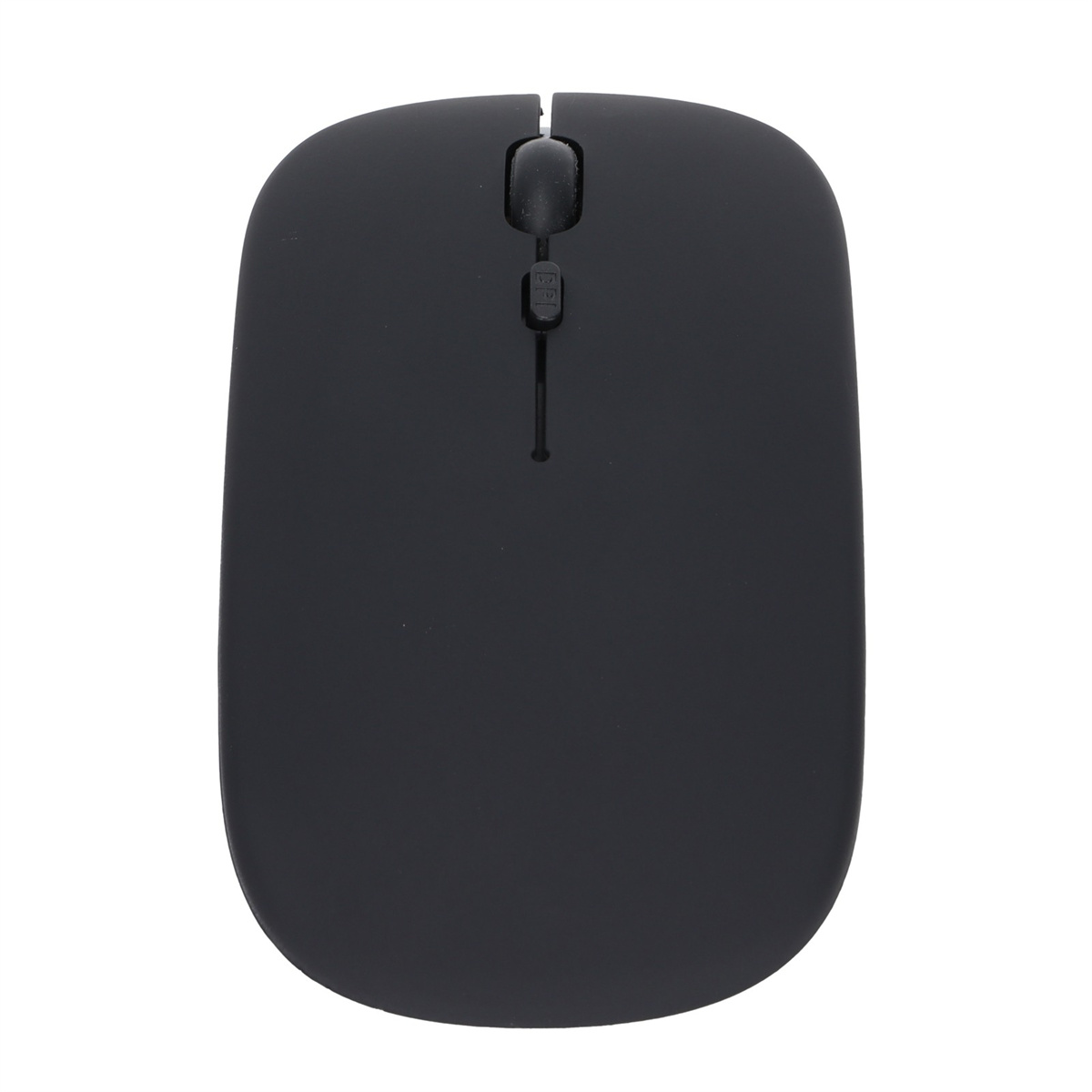 Eine schwarze, kabellose Computermaus liegt flach auf einer weißen Oberfläche.