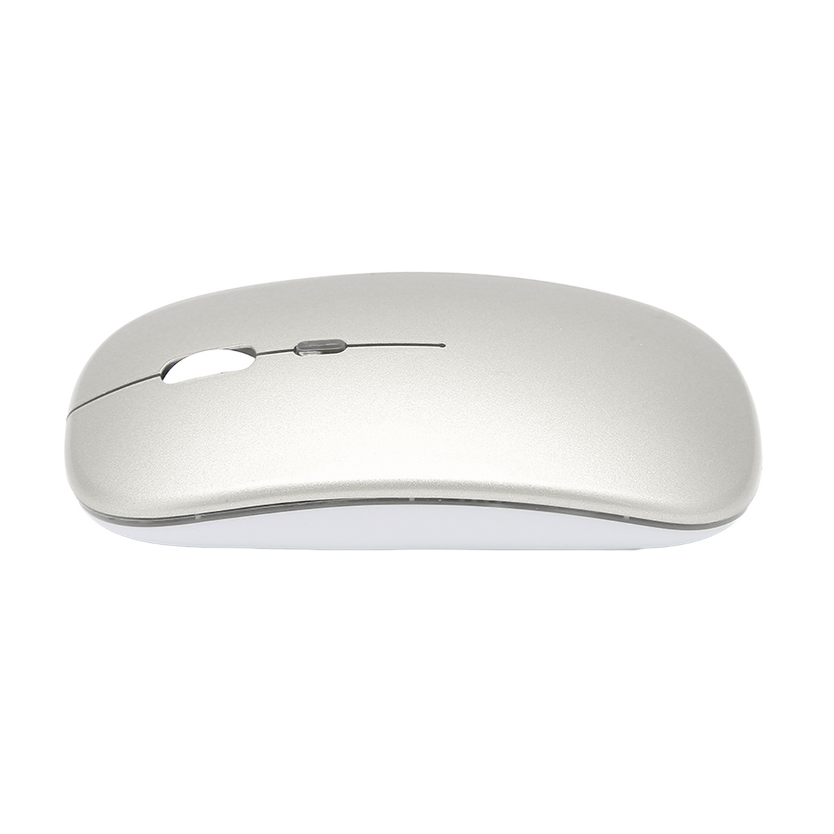 Eine silberne kabellose Maus mit Scrollrad. Sie ist oval und hat einen weißen Boden.