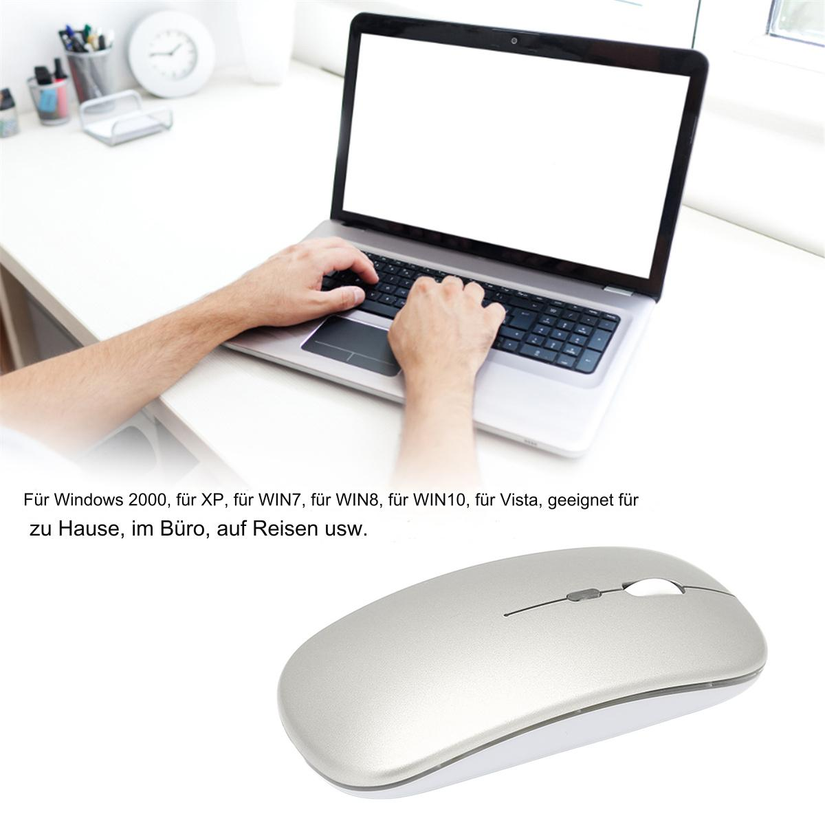 Hände auf Laptop-Tastatur, silberne Maus daneben. Weißer Schreibtisch mit Uhr und Stiften im Hintergrund.