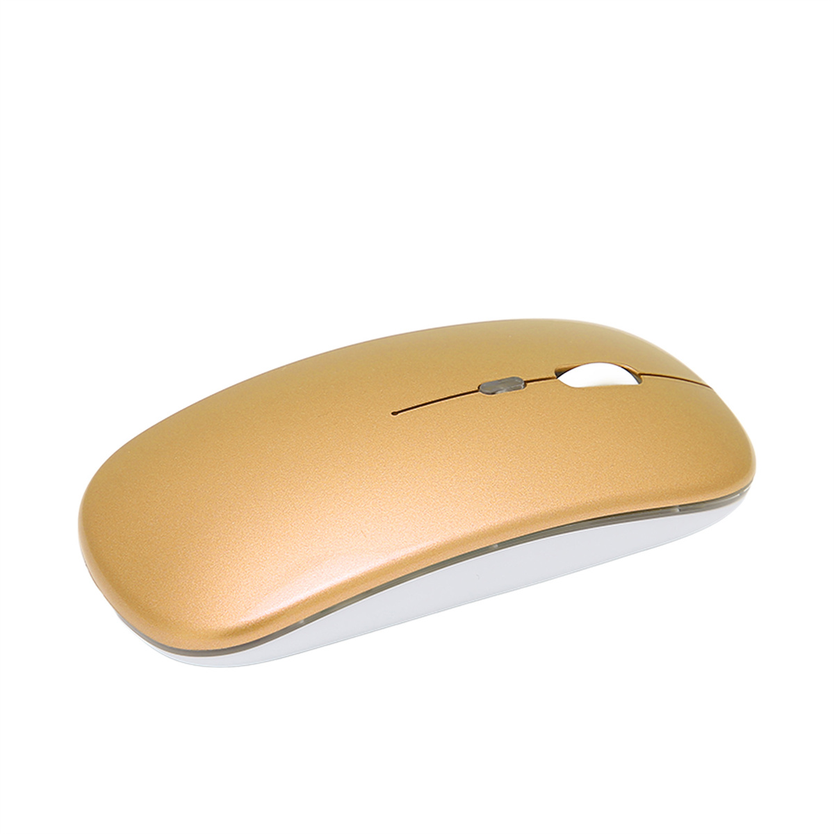 Goldene kabellose Computermaus. Sie hat ein Scrollrad und zwei Tasten.