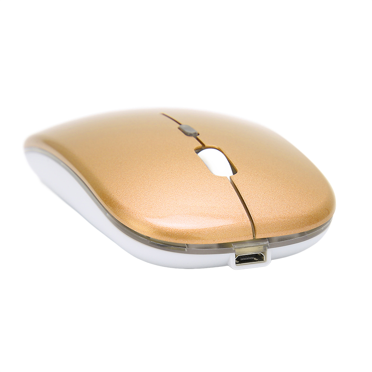 Eine gold-weiße kabellose Computermaus. Sie hat einen USB-Anschluss zum Aufladen unten.