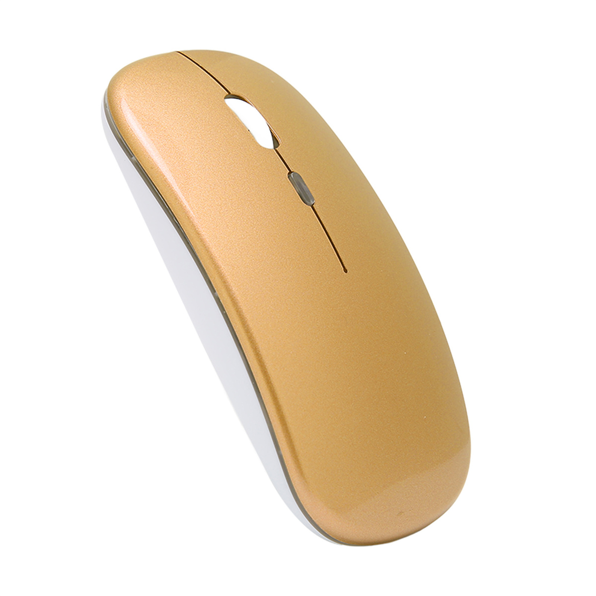 Eine goldfarbene drahtlose Computermaus mit weißem Boden. Das Bild befindet sich auf einer weißen Oberfläche.