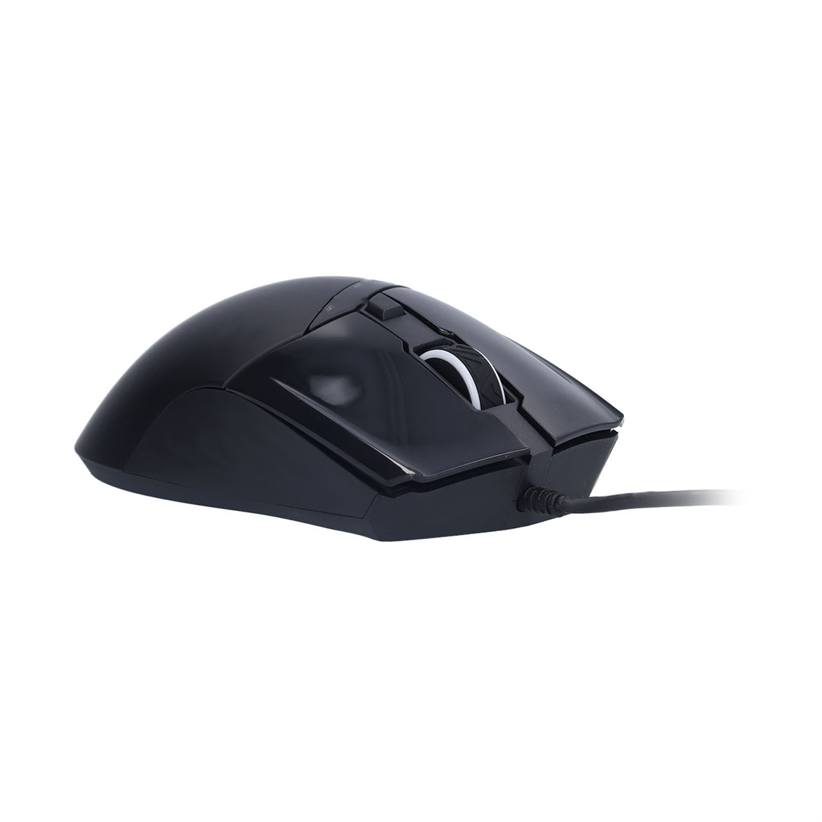 Schwarze Maus auf weißem Grund mit Scrollrad und Kabel.