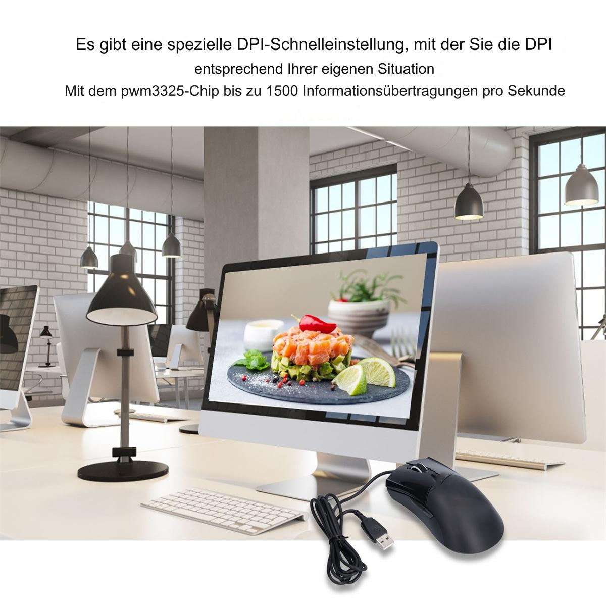 Computer-Setup mit Monitor, der Essen anzeigt. Schwarze Maus mit USB-Kabel auf dem Schreibtisch.
