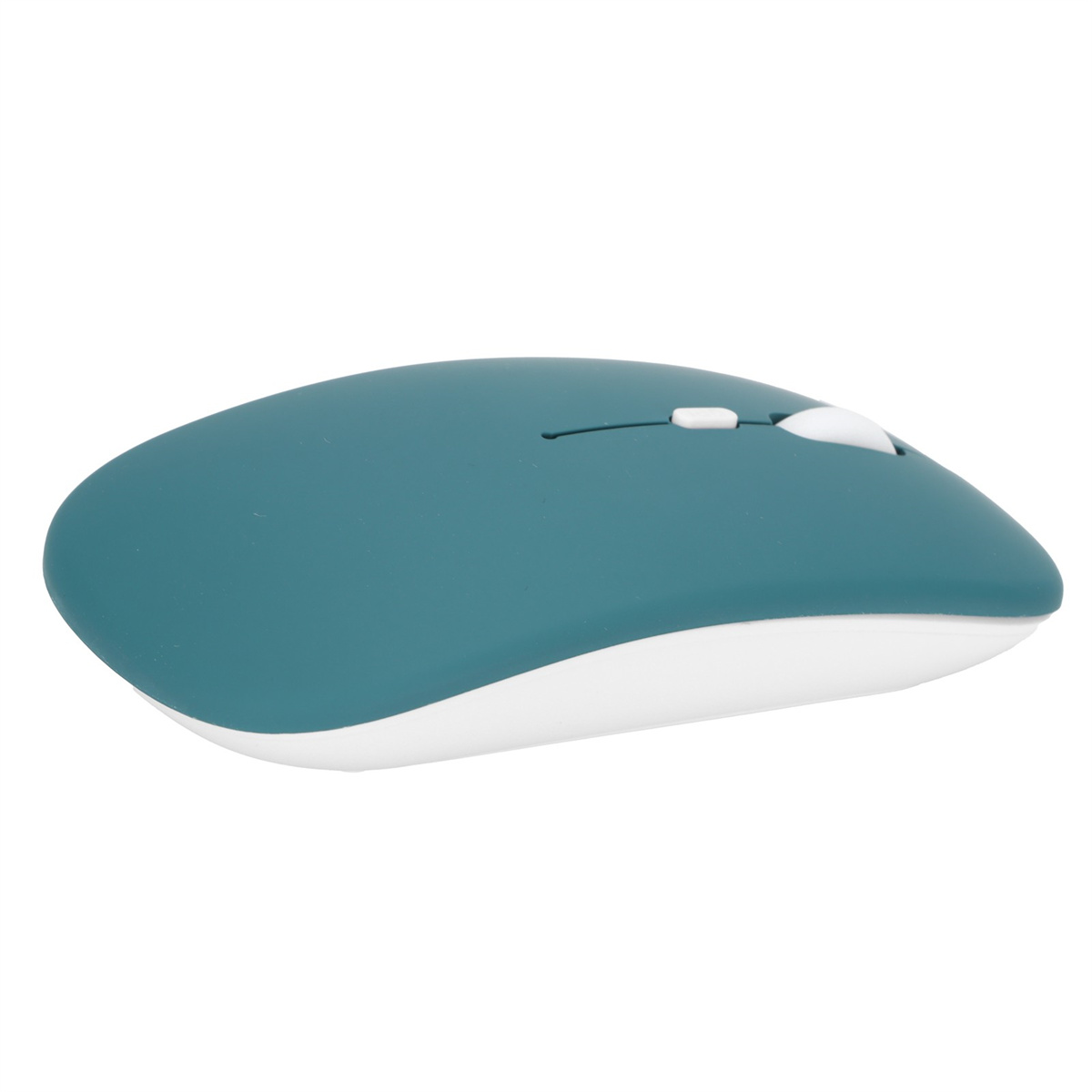 Eine blau-weiße kabellose Maus mit einem Scrollrad und zwei Tasten. Sie liegt auf einer weißen Oberfläche.