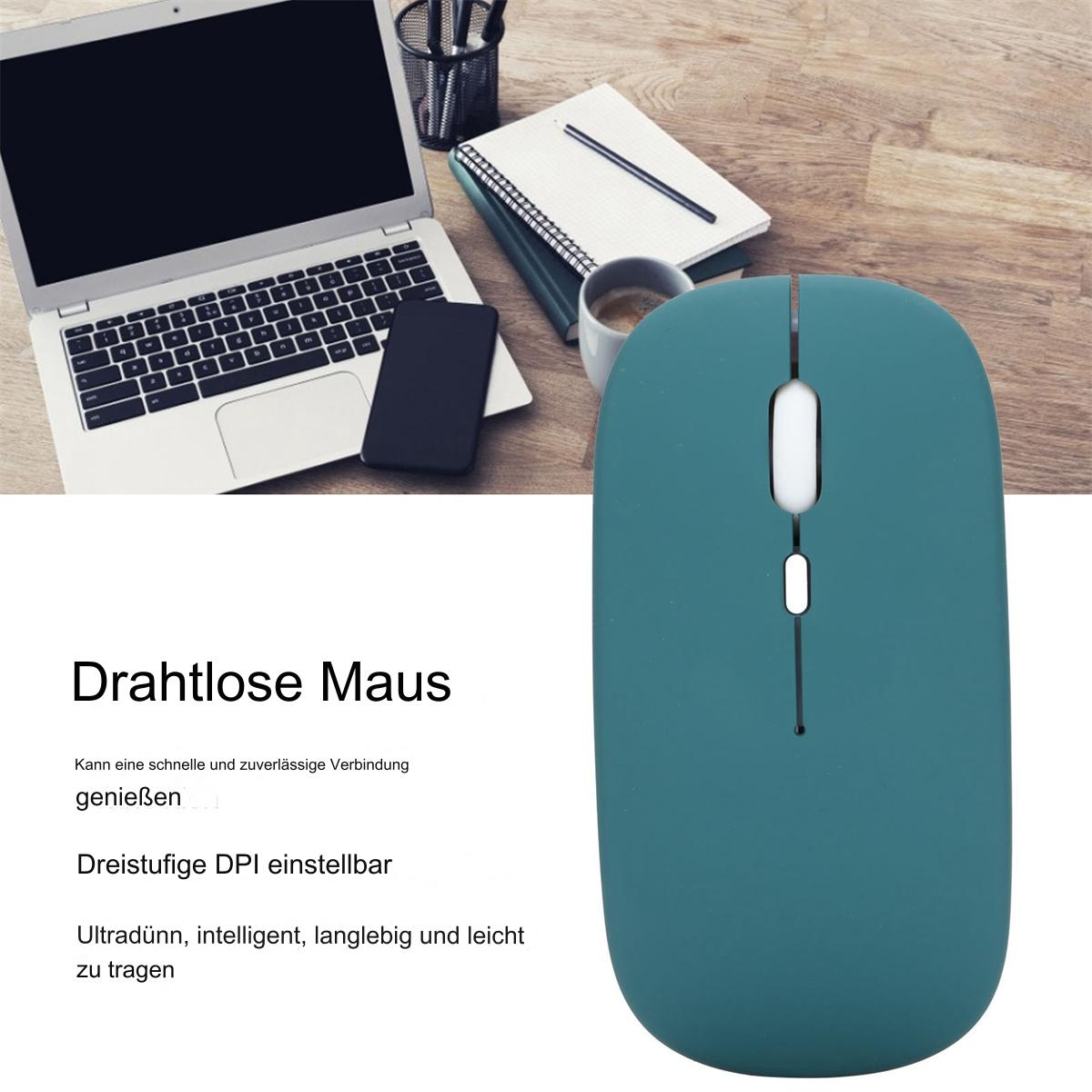 Eine türkisfarbene kabellose Maus auf einem Schreibtisch. Ein Laptop und Telefon sind in der Nähe, sowie deutscher Text.