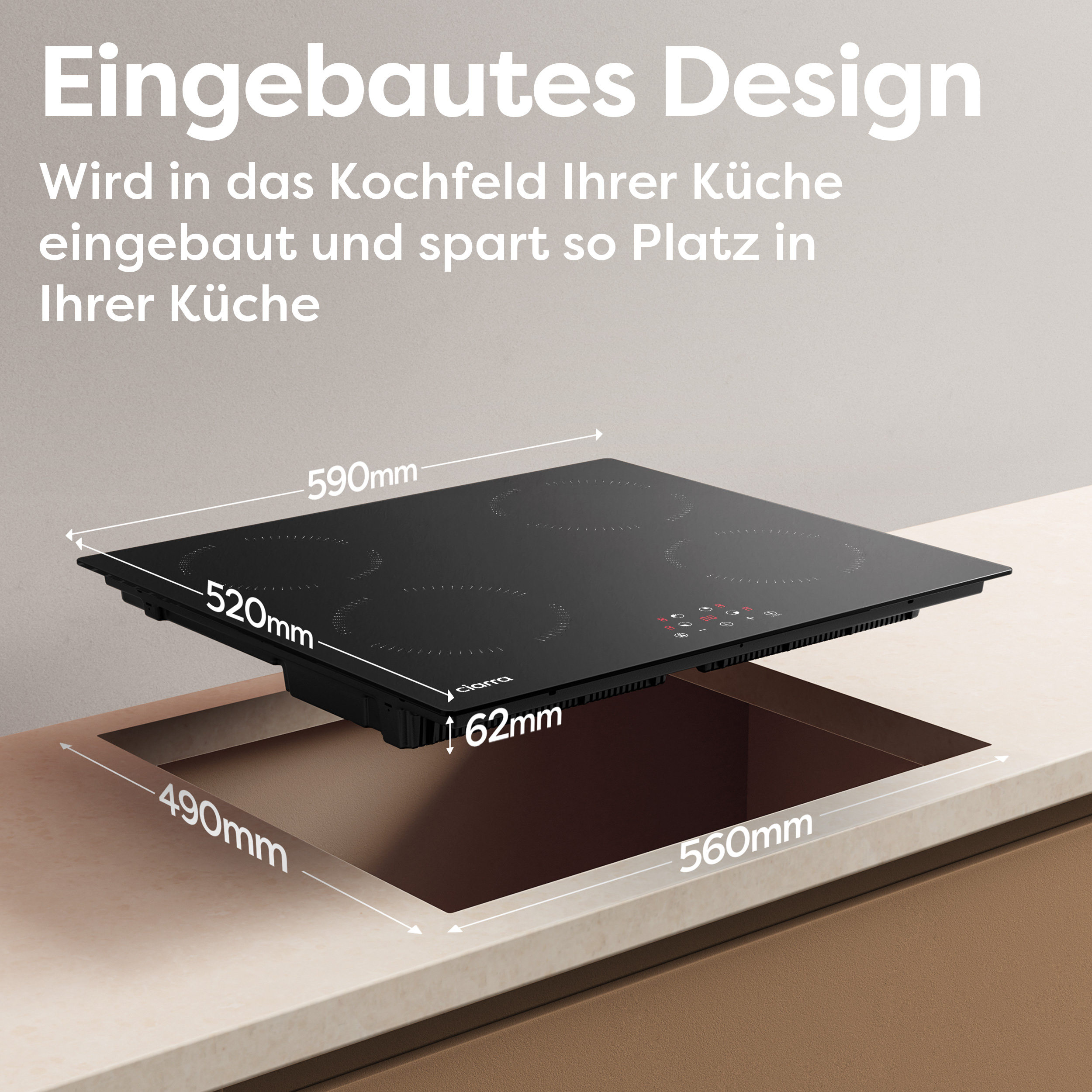 Schwarzes Kochfeld mit Abmessungen. Es ist in eine Arbeitsplatte eingebaut, mit einem offenen Raum darunter.