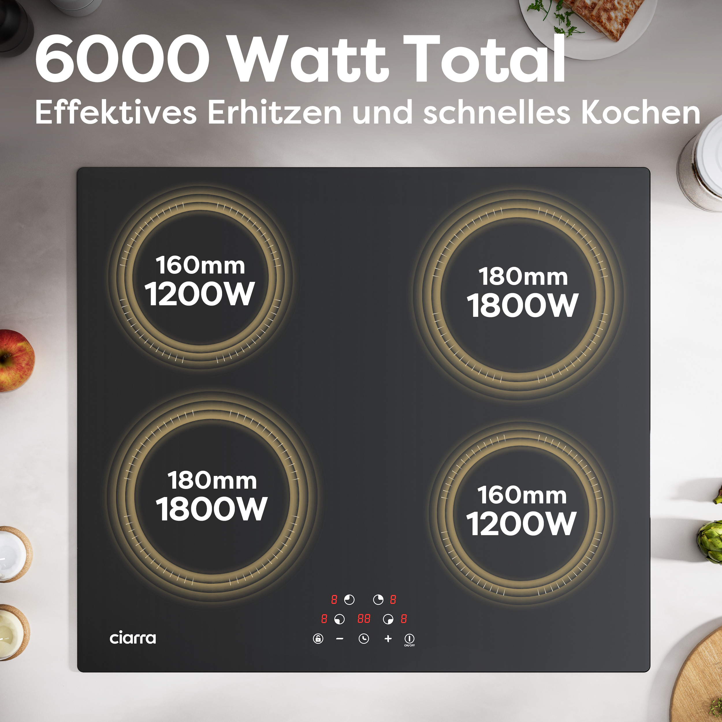 Ein schwarzes Kochfeld mit vier Kochstellen. Informationen über die Leistung und Abmessungen sind sichtbar.