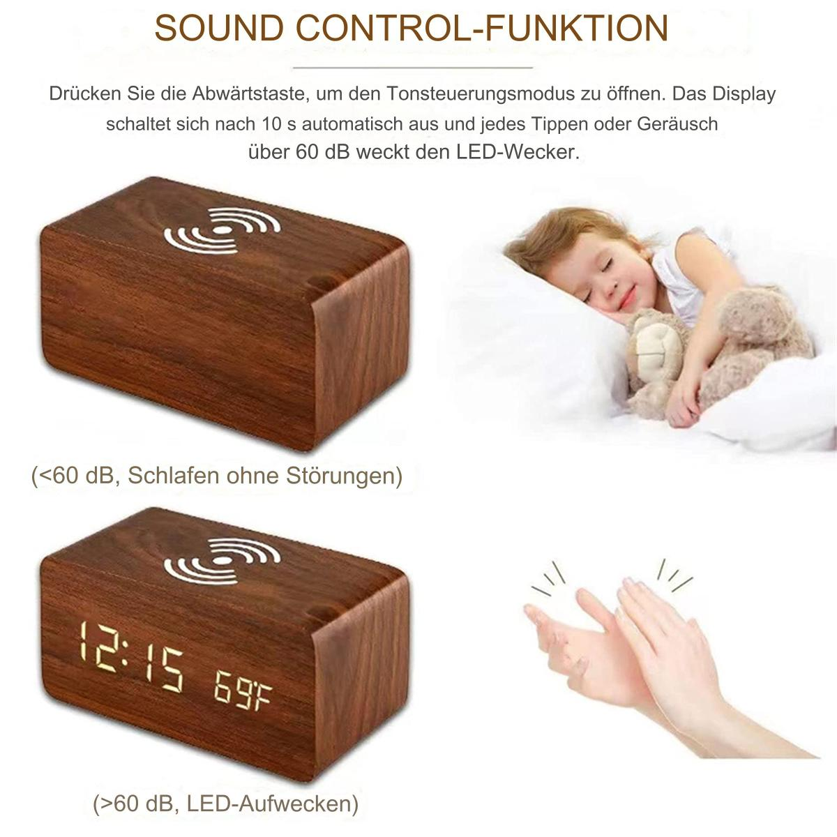 Zwei braune Wecker aus Holz mit Digitalanzeigen. Einer zeigt Zeit und Temperatur, der andere ist aus.