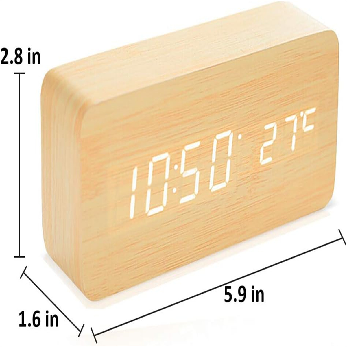 Wecker aus Holz mit Digitalanzeige. Zeigt 10:50 Uhr und 27°C. Abmessungen angegeben.