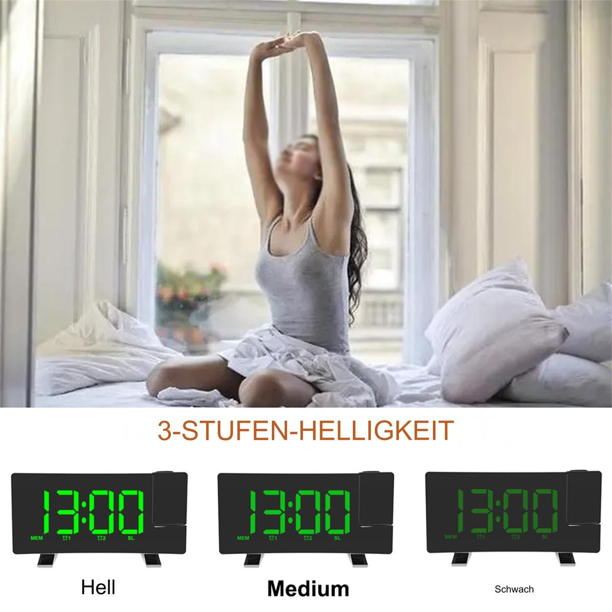 Frau auf Bett, Arme hoch. Drei Digitaluhren: Hell, Medium und Schwach, alle zeigen 13:00.