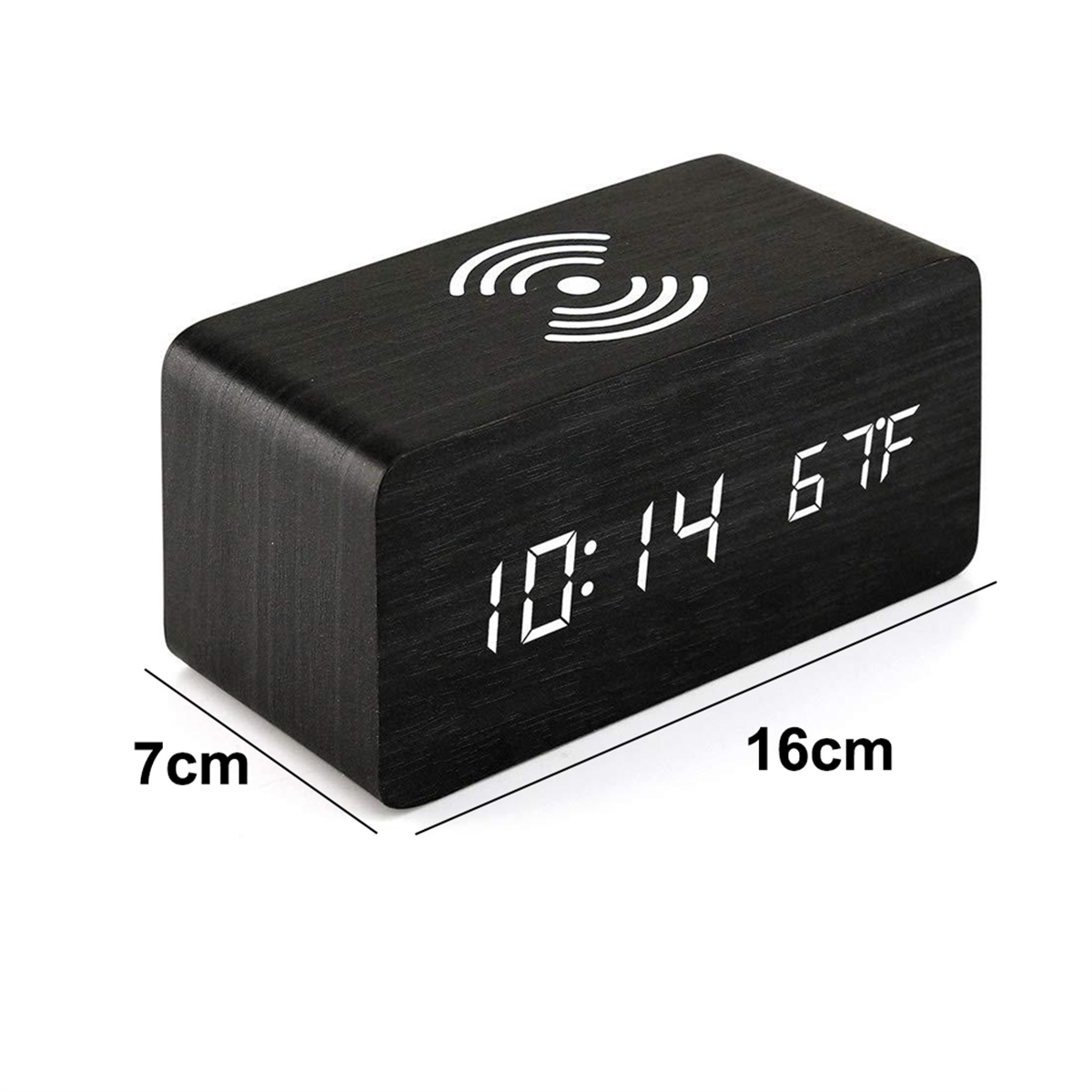 Schwarze Uhr in Holzoptik mit Zeit- und Temperaturanzeige, Maße: 7cm x 16cm.