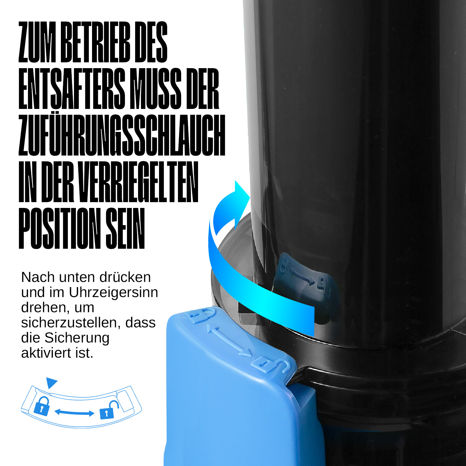 Primo piano di un'estrattore di succo, con meccanismo di bloccaggio blu e istruzioni testuali.