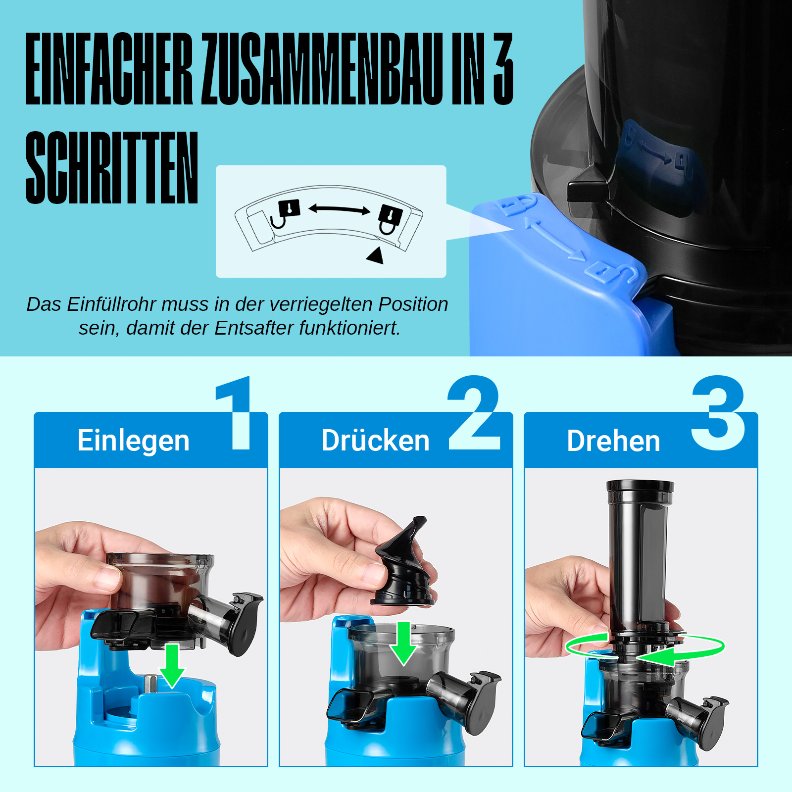 Istruzioni in tre passaggi: inserire, premere e ruotare, per assemblare un apparecchio blu.