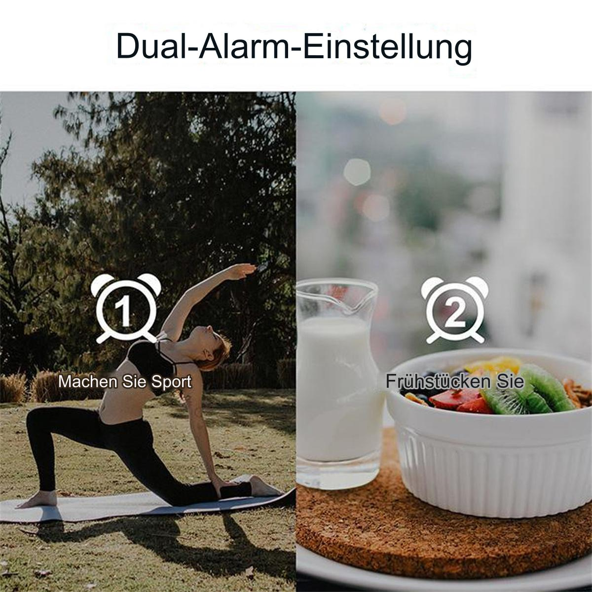 Ein geteiltes Bild zeigt Sport und Frühstück. Eine Frau macht Yoga und isst dann Müsli.