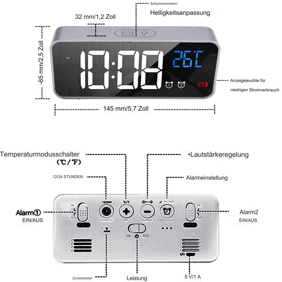 Digitaler Wecker mit Anzeige von Uhrzeit und Temperatur. Knöpfe und Abmessungen sind beschriftet.