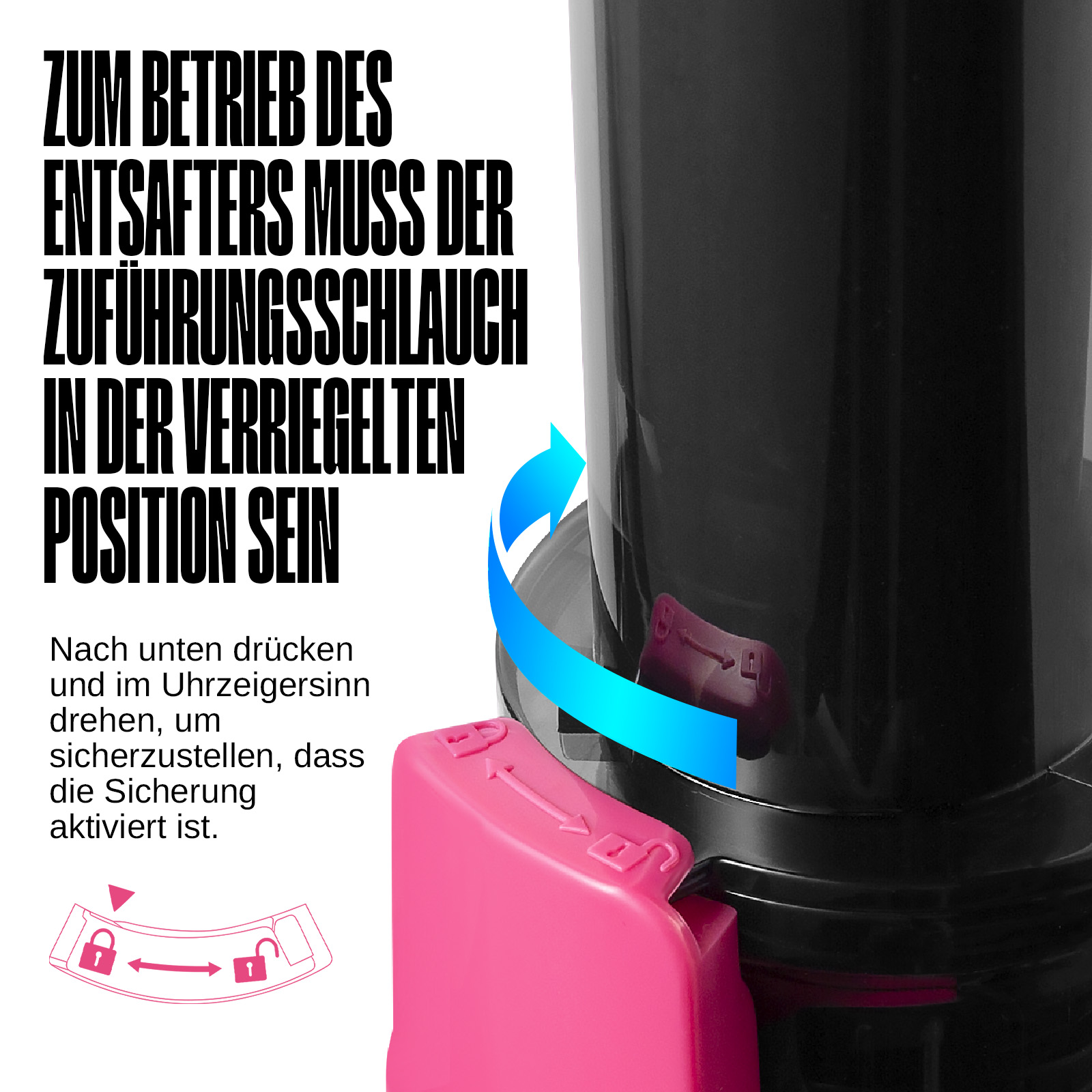 Primo piano di un estrattore di succo nero con chiusura rosa. Istruzioni in tedesco.