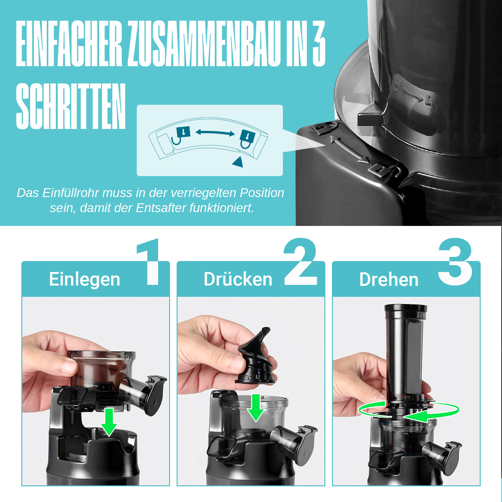 Diagramma che mostra i passaggi per assemblare un'estrattore: inserire, premere e girare.
