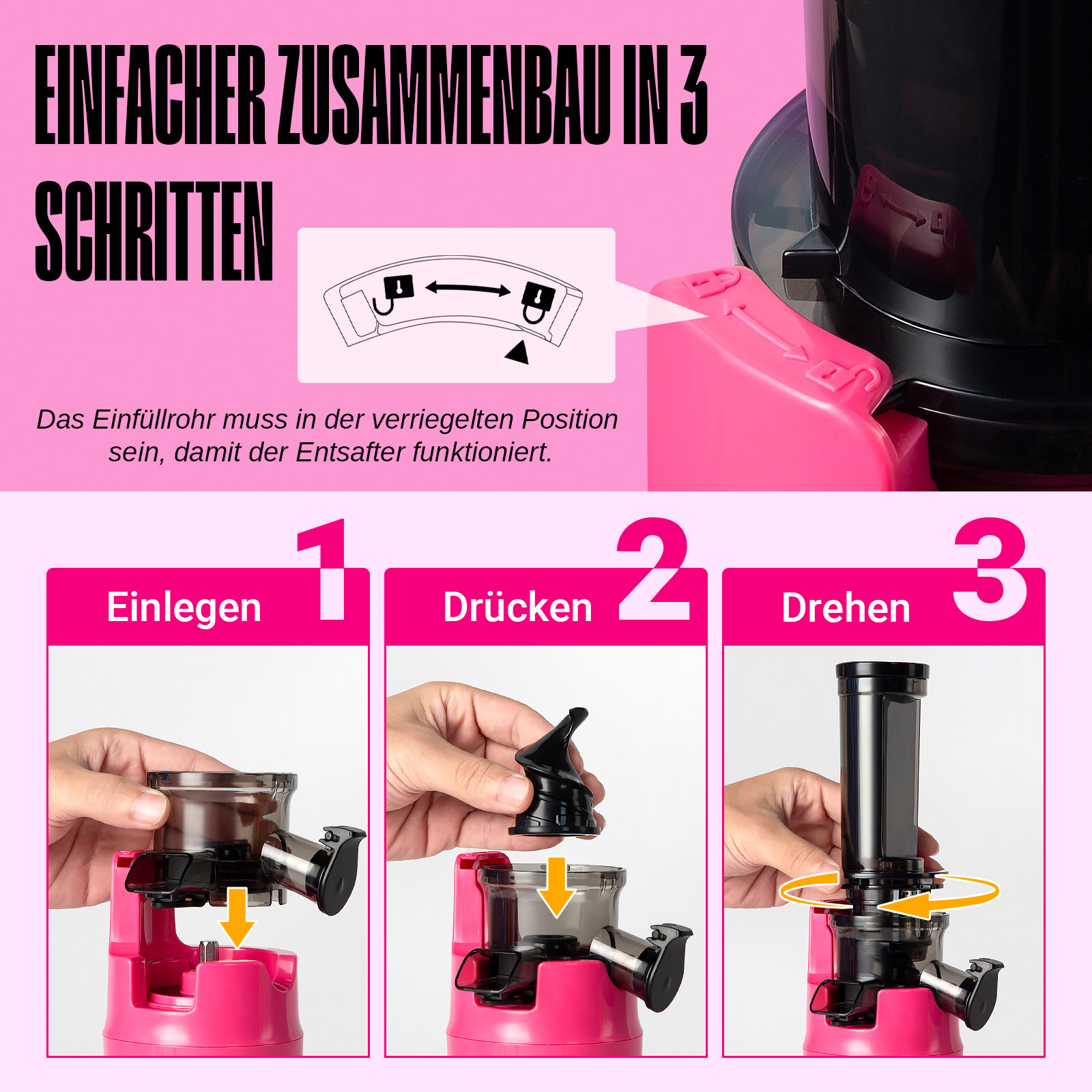 Assemblaggio dell'estrattore in 3 passaggi. Mani che assemblano i pezzi. Sfondo rosa.