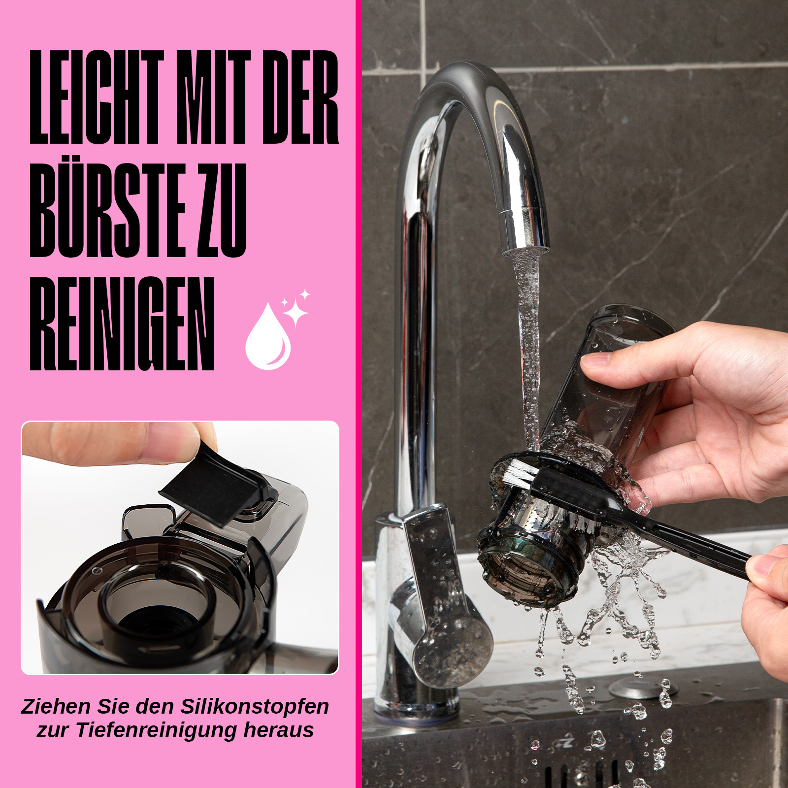 Persona che pulisce un contenitore nero con una spazzola sotto l'acqua corrente.