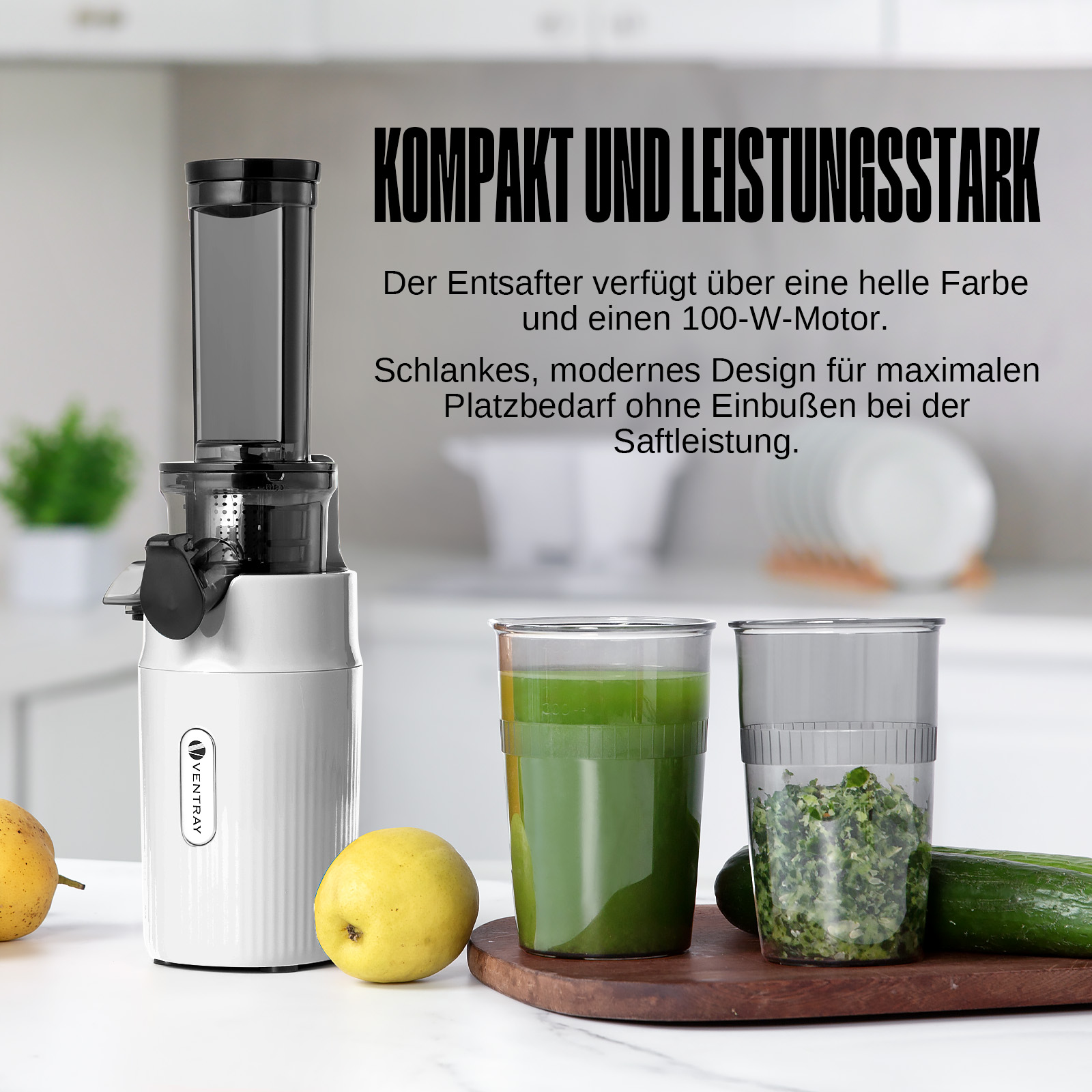 Centrifuga con bicchieri di succo e polpa, testo sul design e le caratteristiche, frutta.