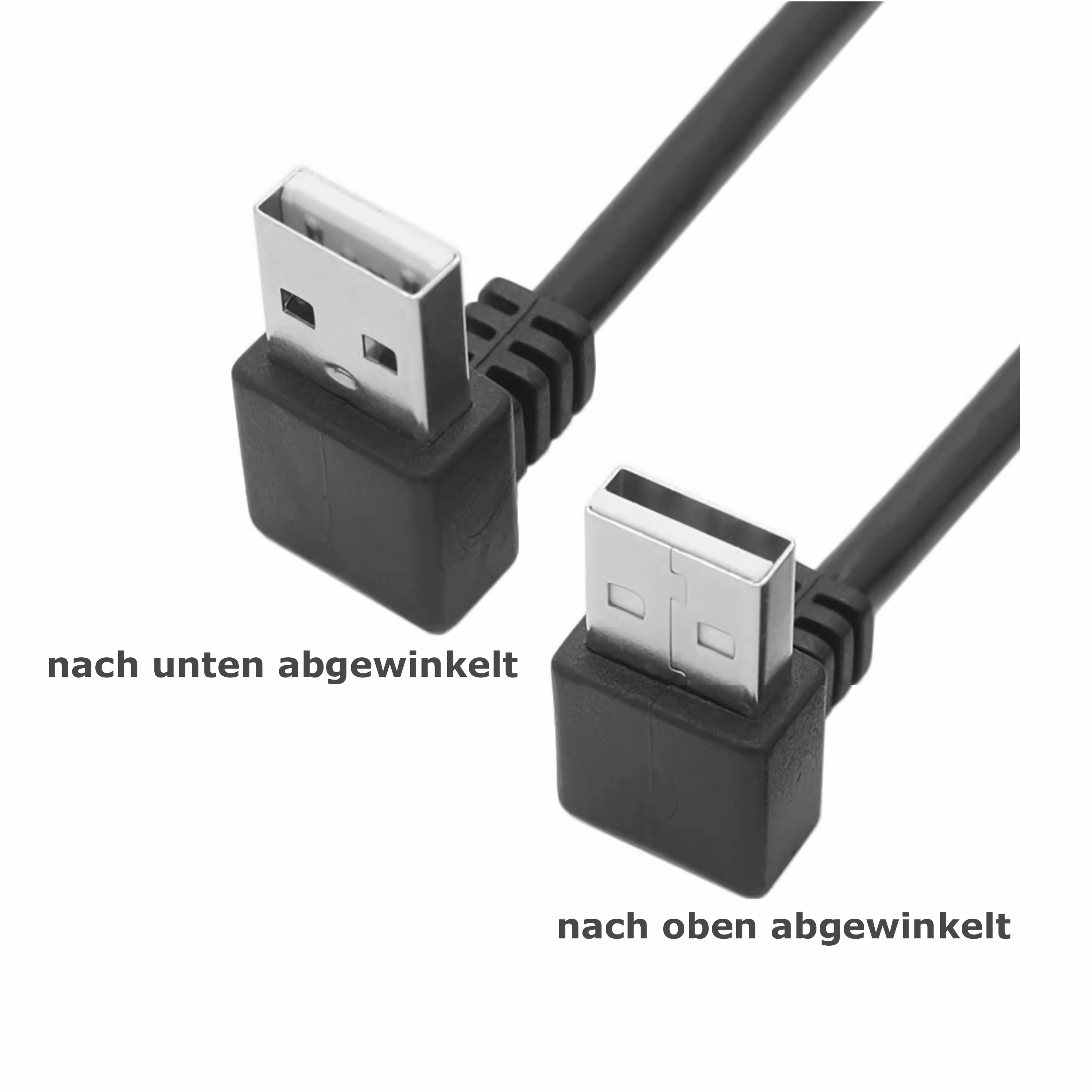 Zwei abgewinkelte USB-Anschlüsse mit schwarzen Kunststoffgehäusen und silbernen Metallanschlüssen.