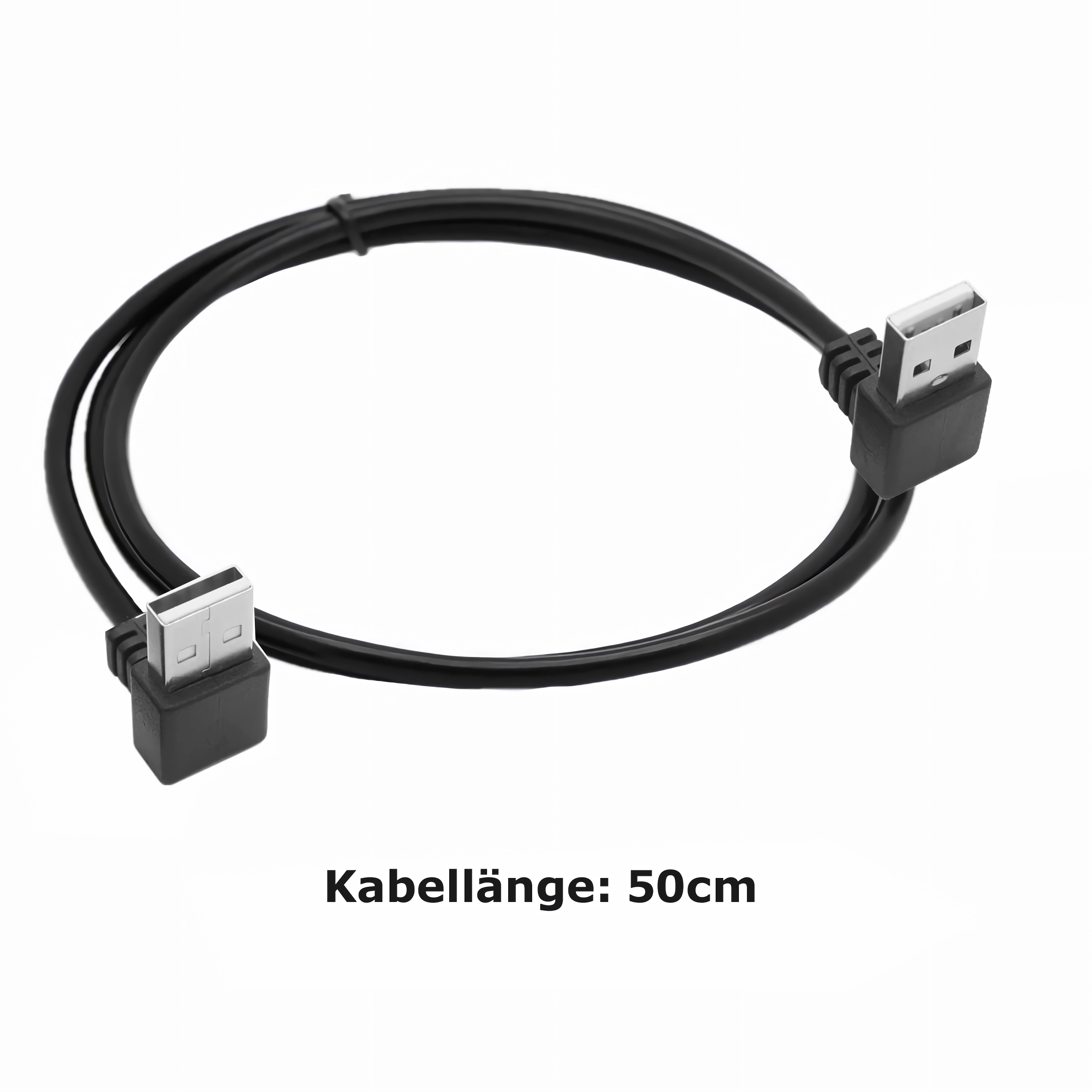 Ein schwarzes USB-Kabel mit zwei abgewinkelten USB-Anschlüssen, auf weißer Oberfläche, Text: 50cm.
