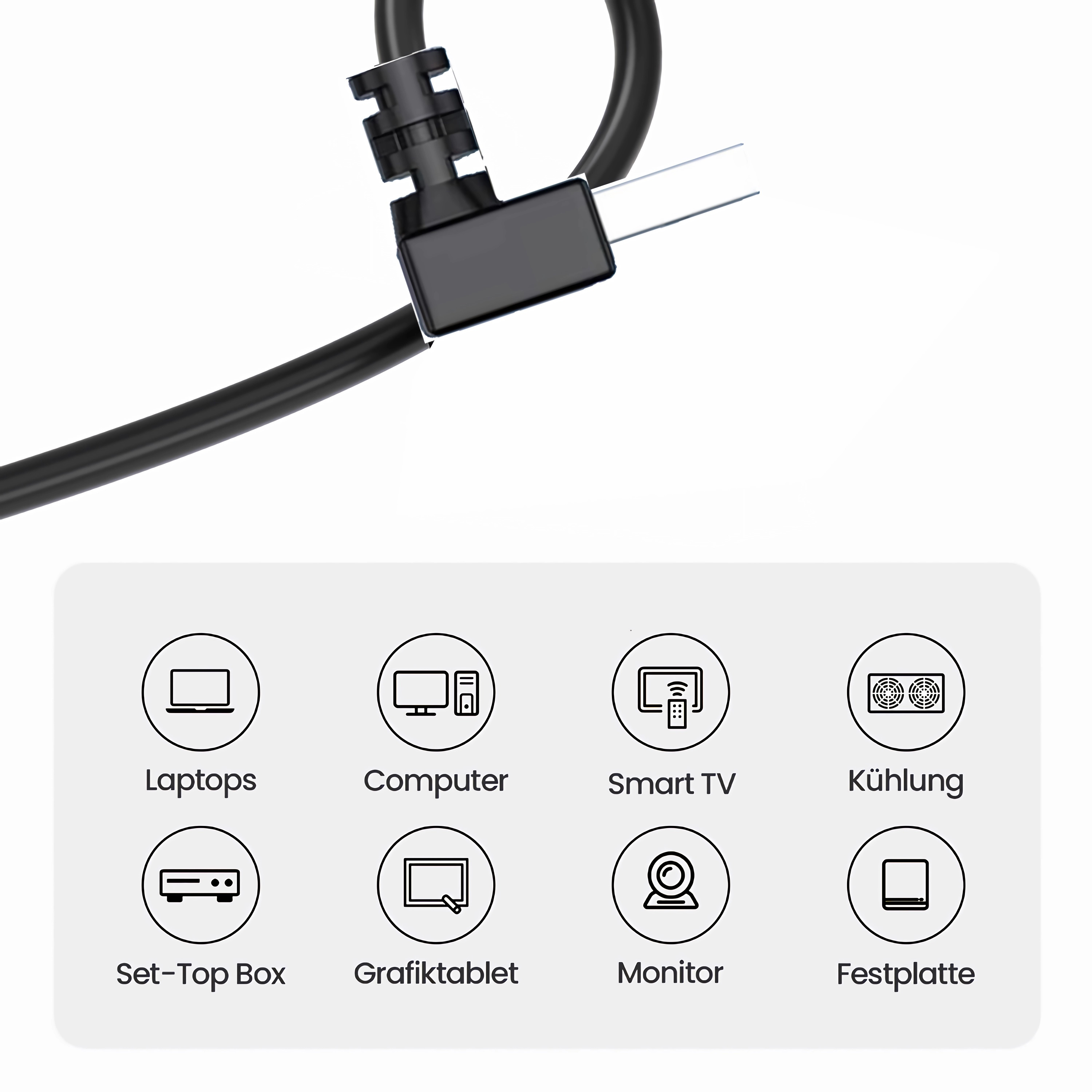 Schwarzes USB-C-Kabel mit Stecker und Produkt-Icons darunter.