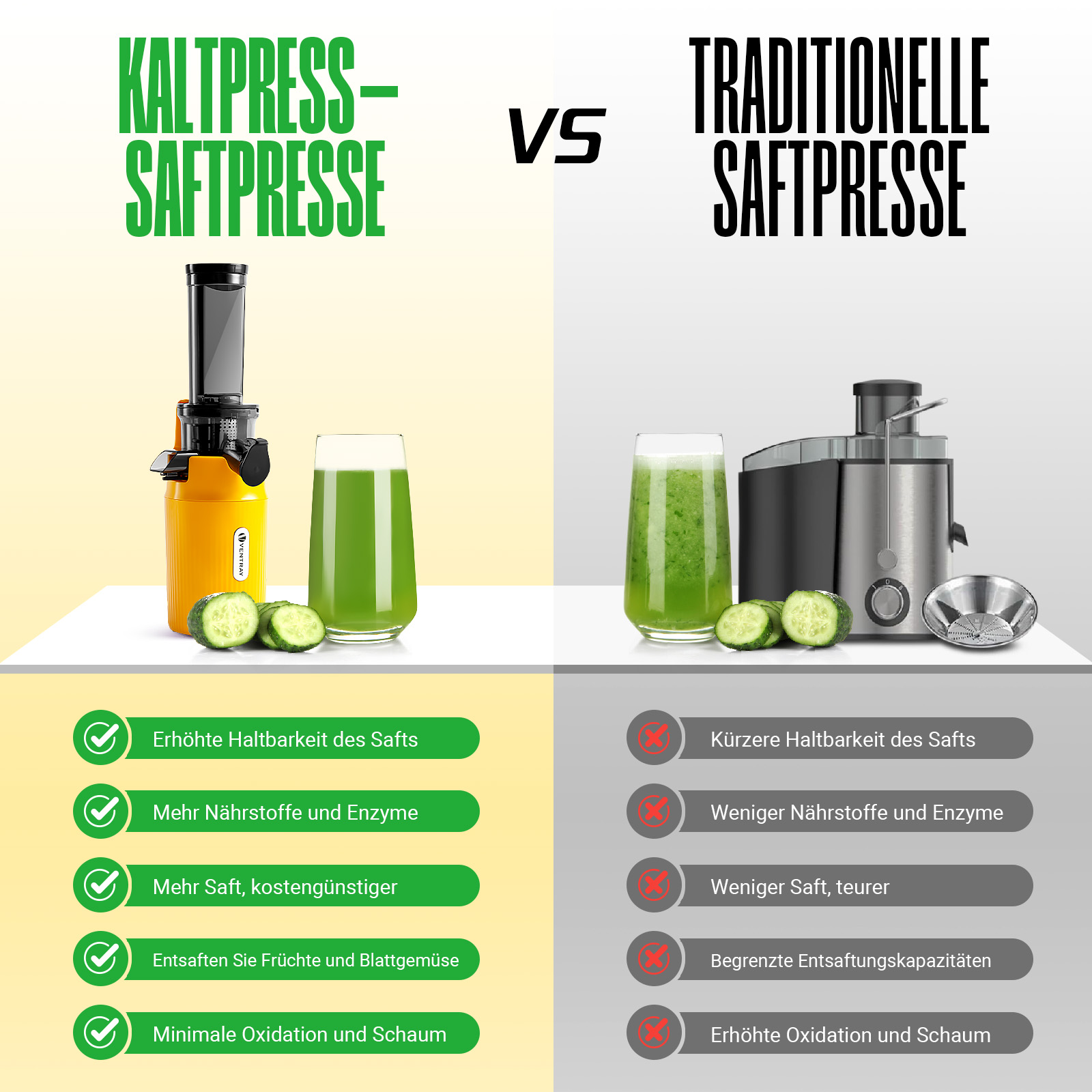 Confronto di spremiagrumi: a sinistra, uno spremiagrumi con succo e cetriolo. A destra, un altro spremiagrumi con succo e cetriolo.