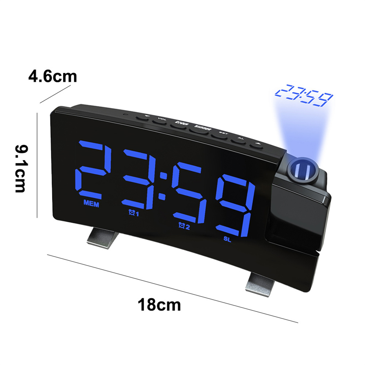 Schwarze Digitaluhr mit blauen Ziffern. Sie projiziert die Zeit an die Wand.