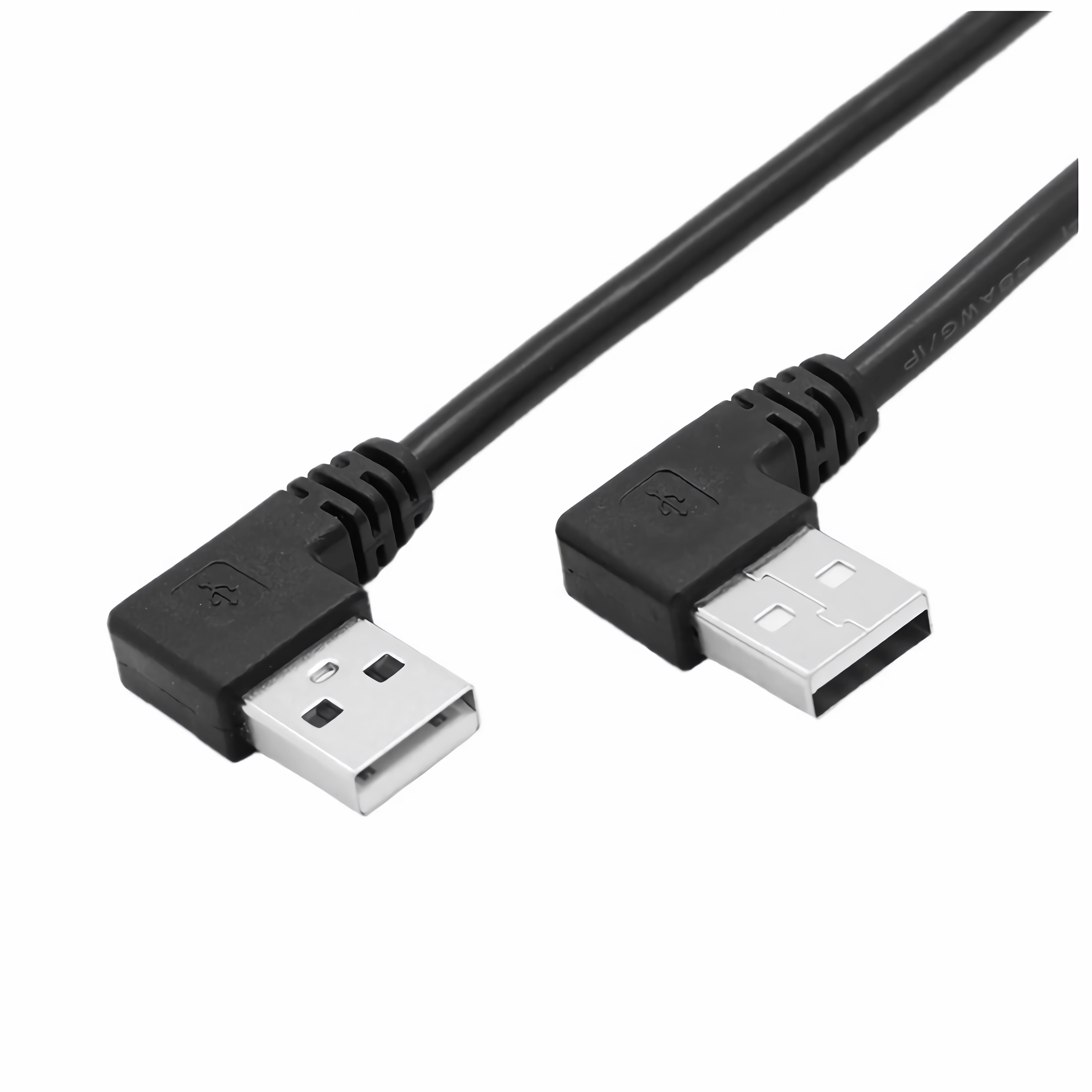Zwei schwarze USB-Kabel mit gewinkelten Steckern. Jedes Kabel hat einen USB-A-Stecker.