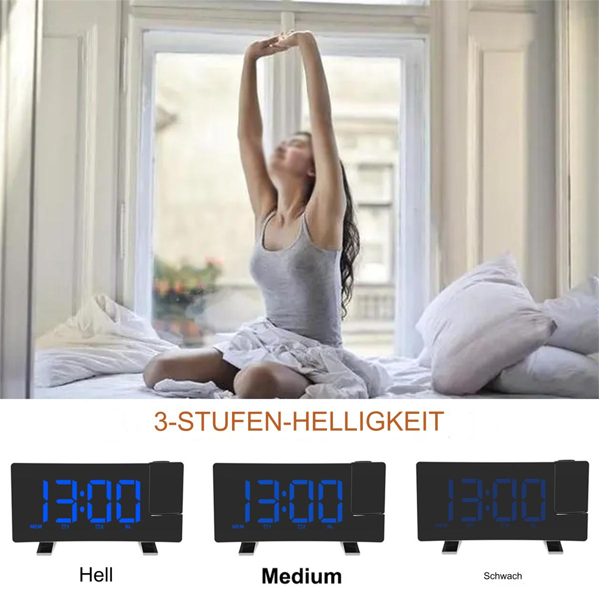 Frau dehnt sich im Bett, darunter Weckerbilder. Helligkeitsstufen sind beschriftet.