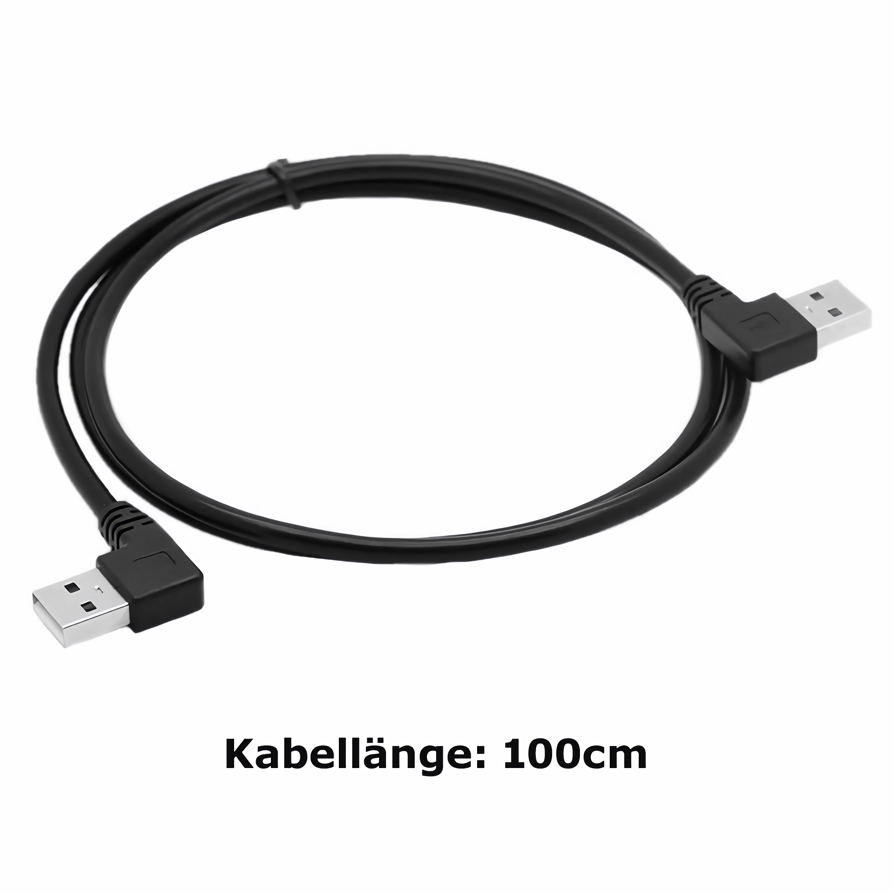 Ein schwarzes USB-Kabel mit zwei USB-A-Anschlüssen. Das Kabel ist 100 cm lang.