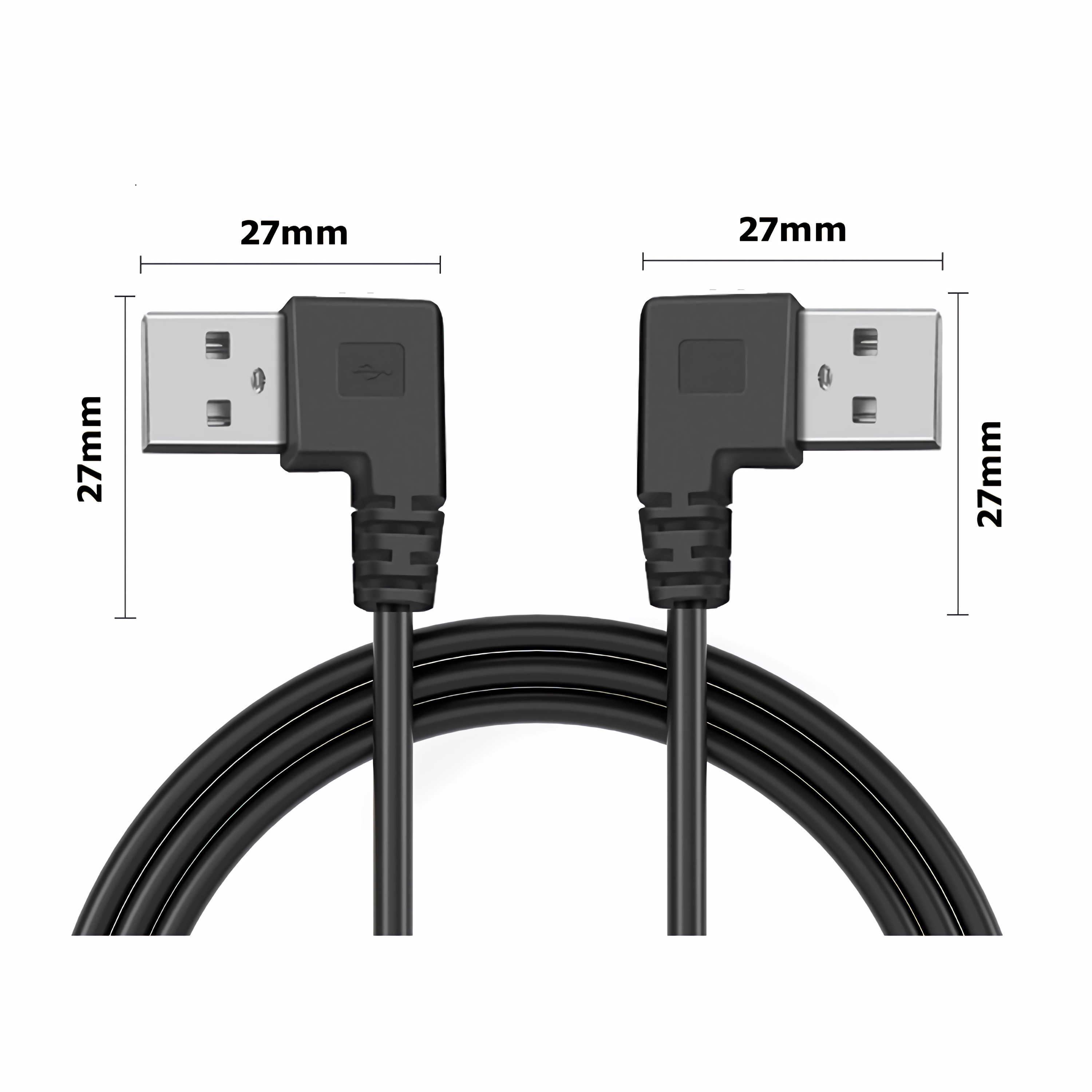 Zwei schwarze USB-Kabel mit Winkelsteckern. Jedes Kabel ist 27 mm, Abmessungen auf dem Bild beschriftet.
