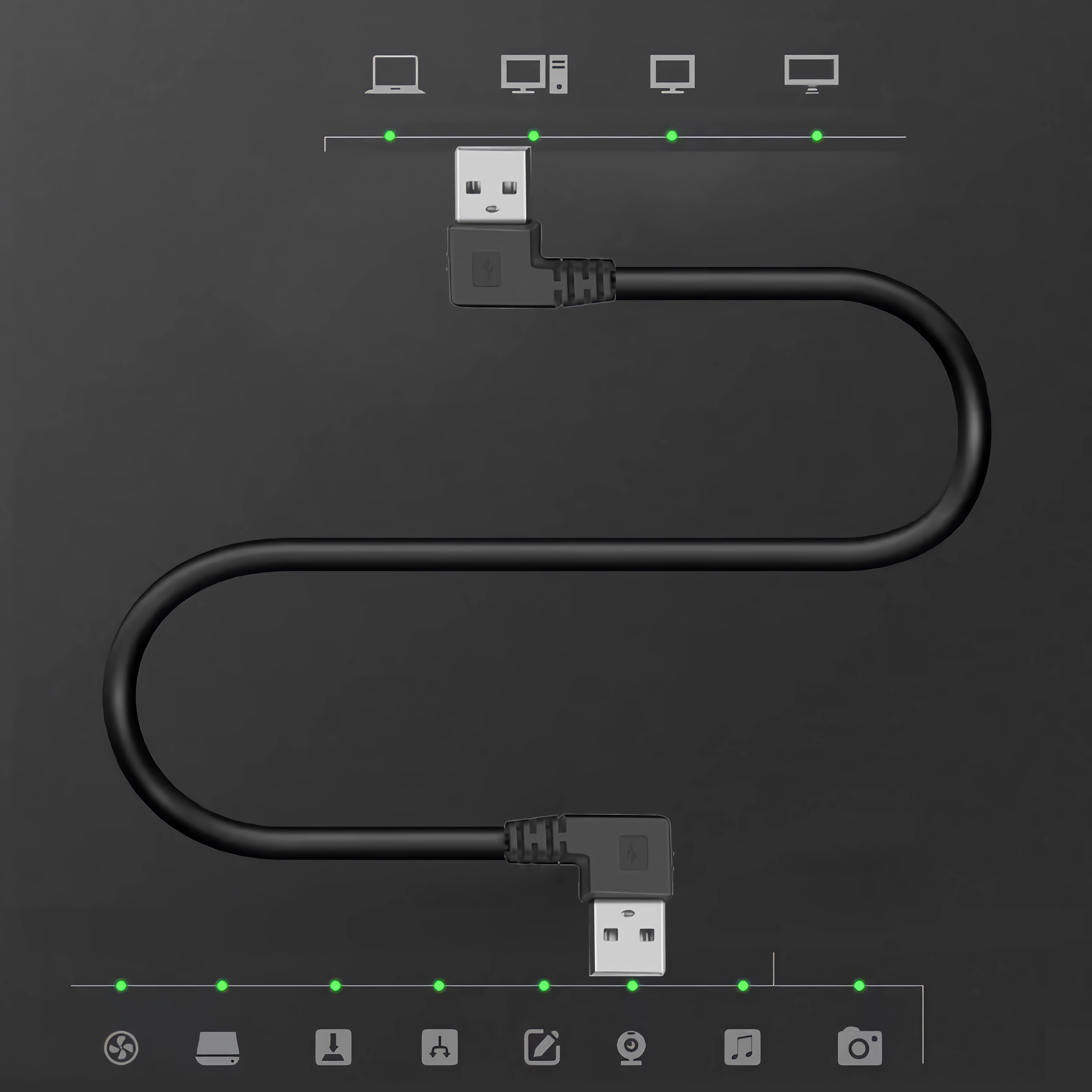 Schwarzes USB-Kabel mit Anschlüssen, das mit verschiedenen Gerätesymbolen verbunden ist.