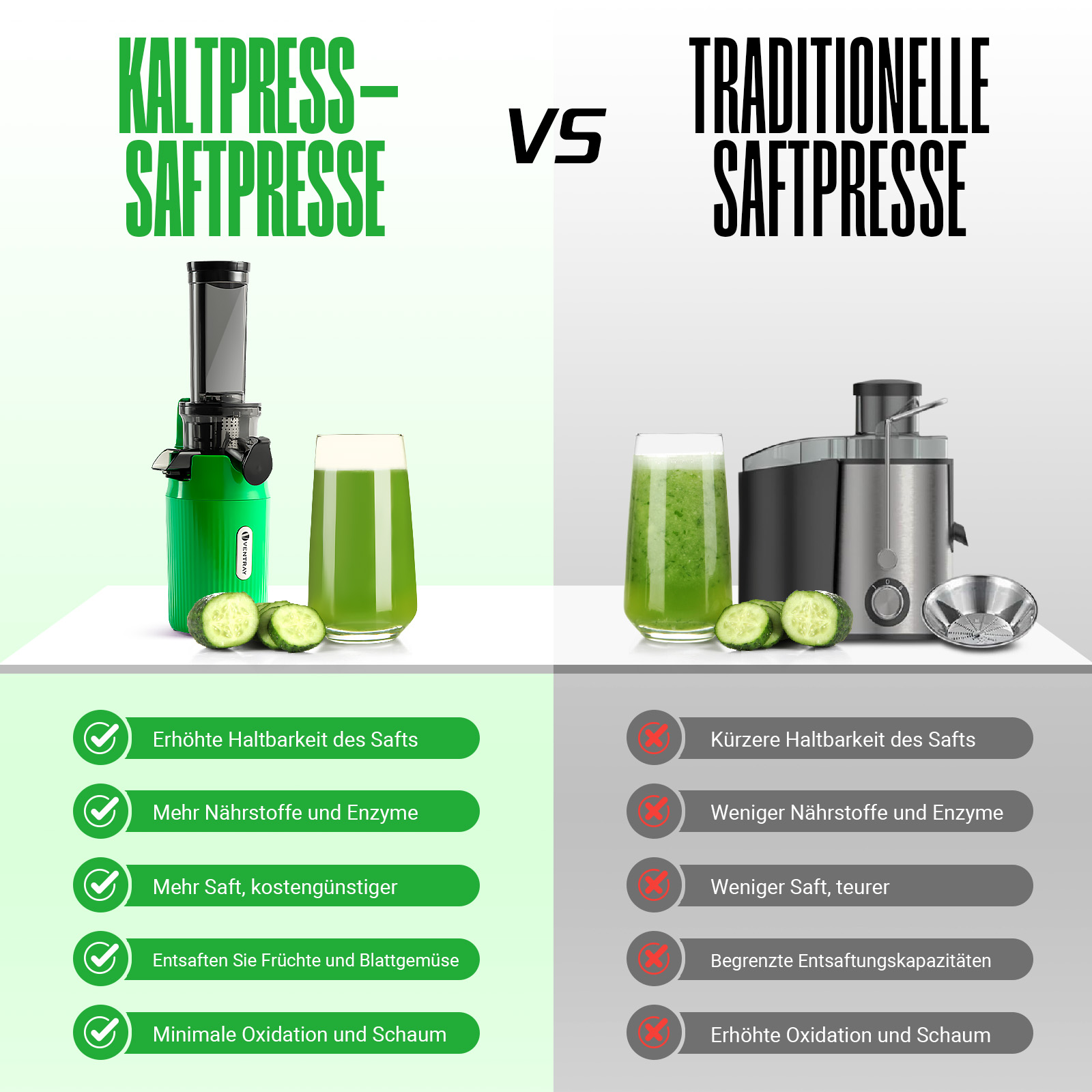 Confronto di succhi. Spremitura a freddo vs. centrifuga tradizionale, con testo che evidenzia i benefici.
