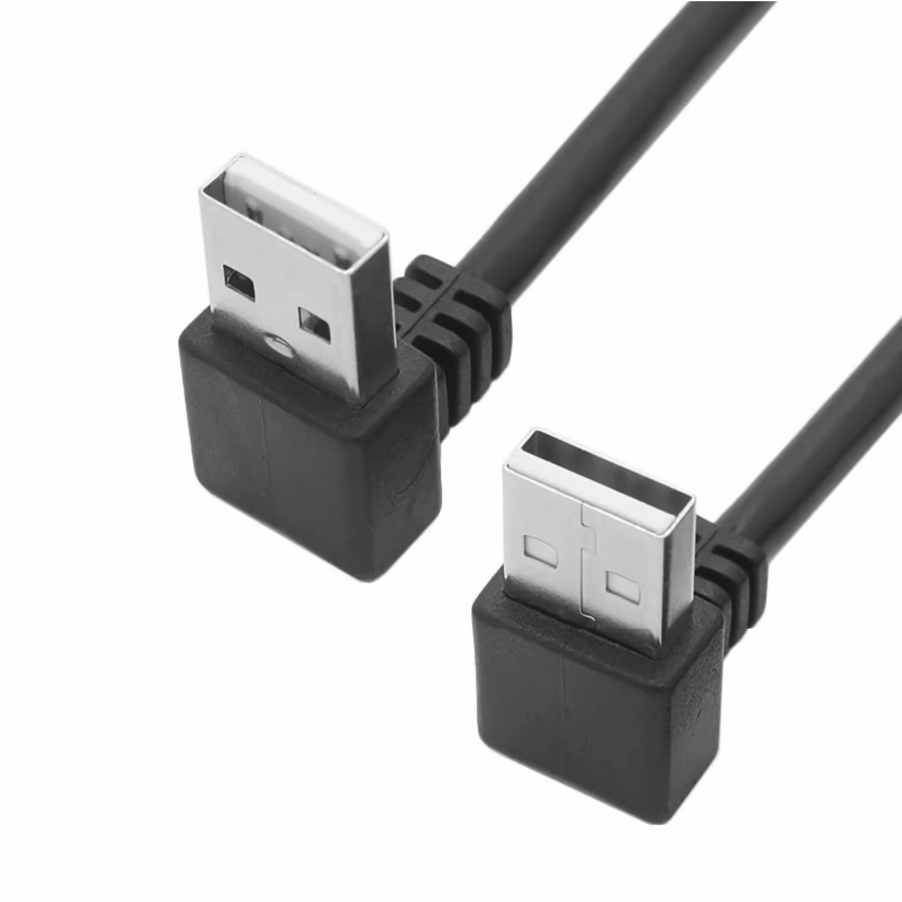 Zwei schwarze USB-Kabel mit gewinkelten Steckern auf weißem Hintergrund.