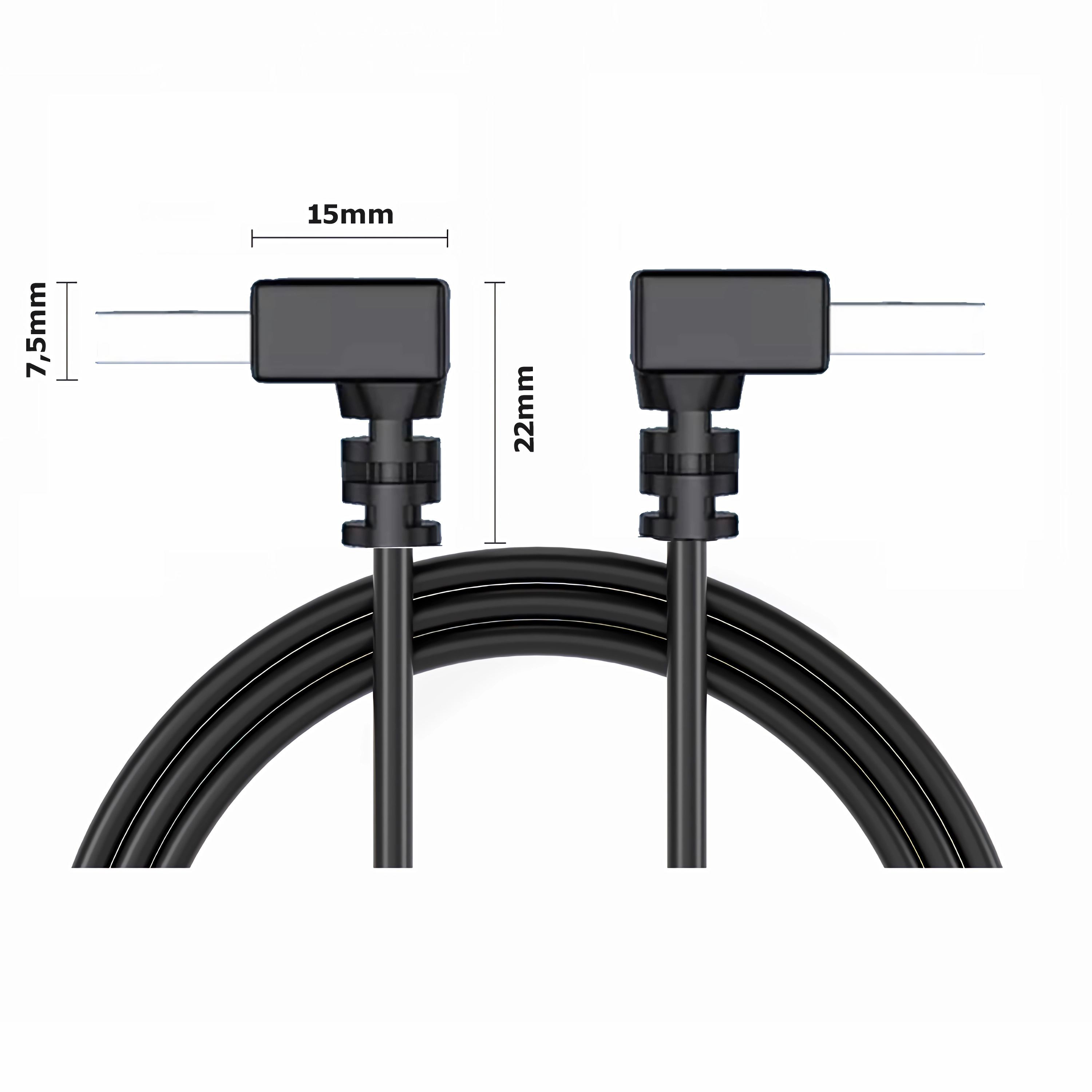Schwarzes Kabel mit rechteckigen Steckern an jedem Ende. Die Abmessungen betragen 15 mm und 22 mm.