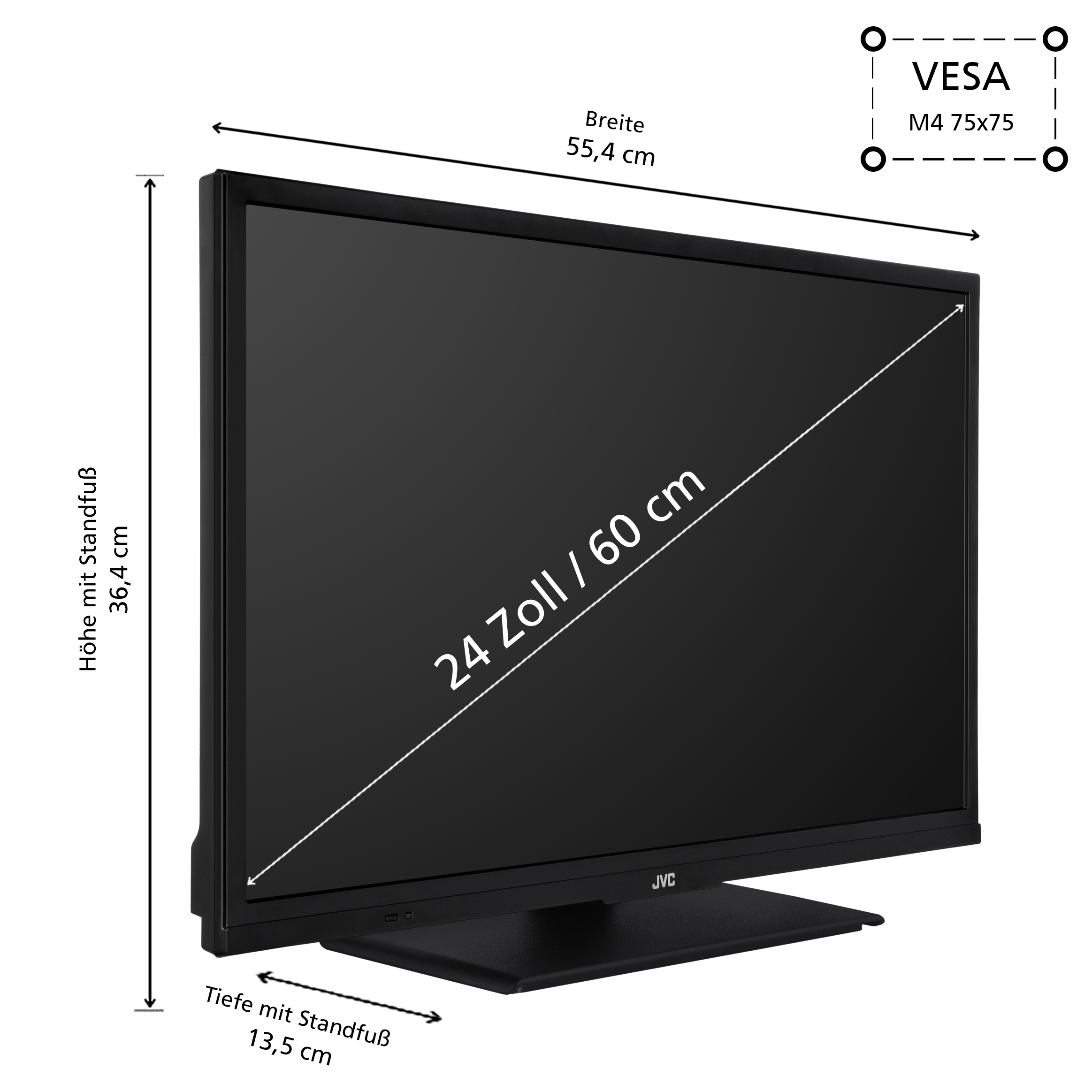 Schwarzer Fernseher mit beschrifteten Abmessungen. Merkmale umfassen VESA-Halterung.