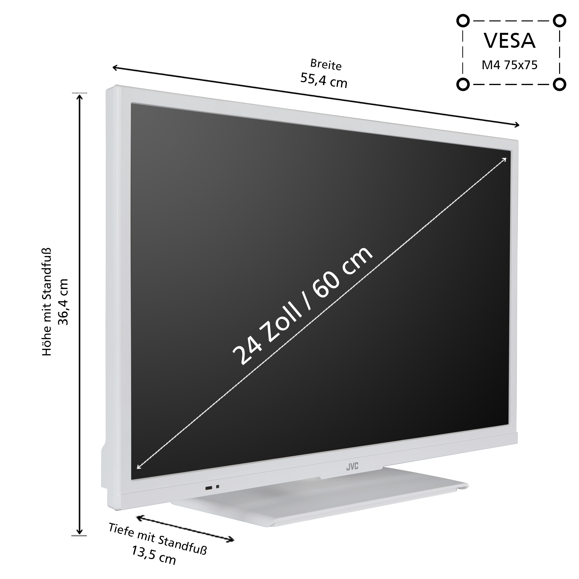 Ein weißer Fernseher mit beschrifteten Abmessungen, einschließlich Höhe, Breite und Tiefe mit Ständer.