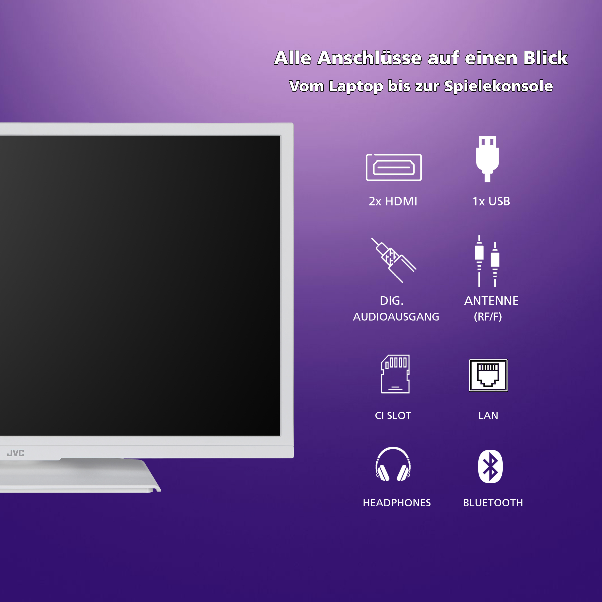 Weißer JVC-Fernseher mit Anschlussbezeichnungen: HDMI, USB, Audio, Antenne, CI-Slot, LAN, Kopfhörer, Bluetooth.
