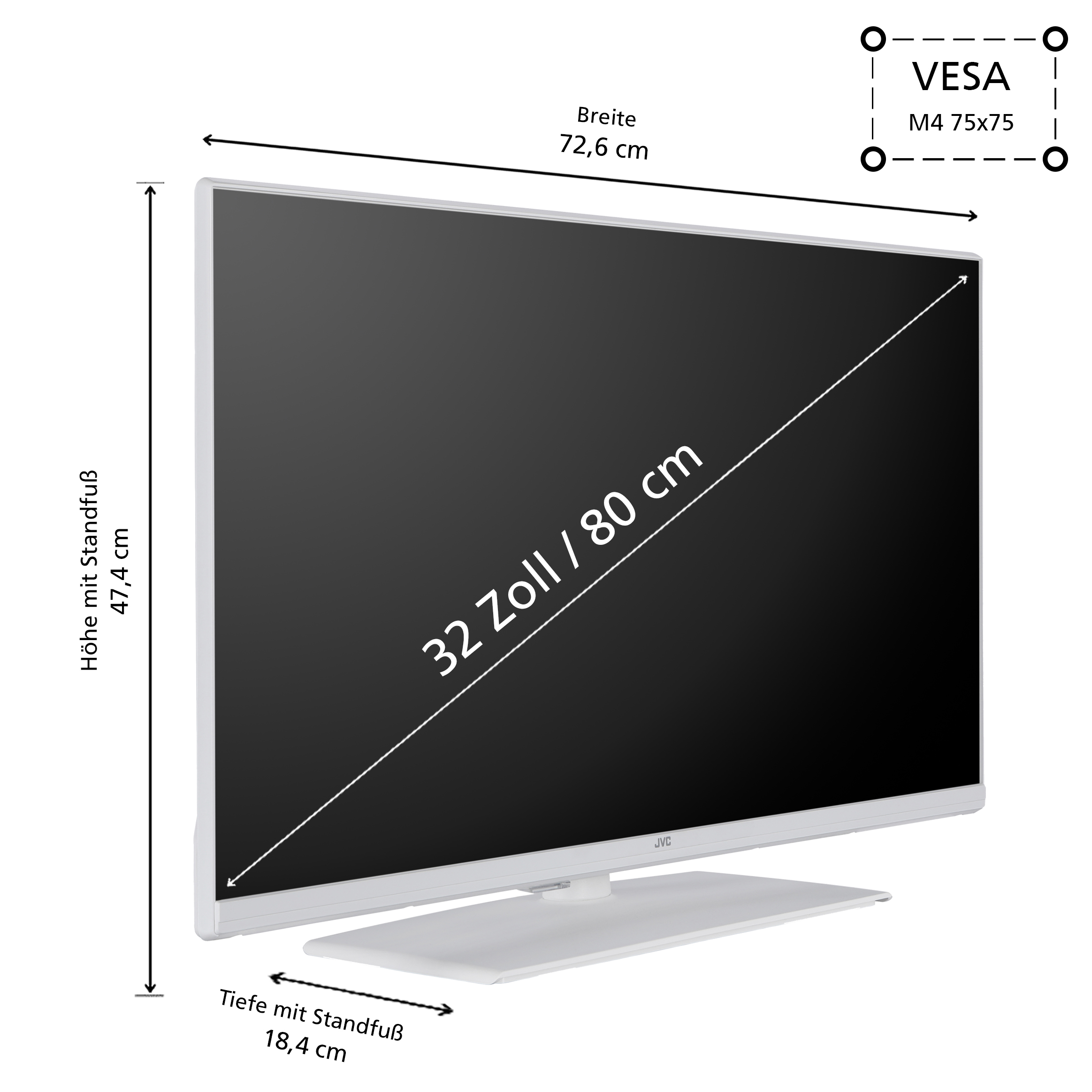 Ein weißer 32-Zoll-Fernseher mit markierten Abmessungen. Der Bildschirm ist schwarz, das Logo ist JVC.