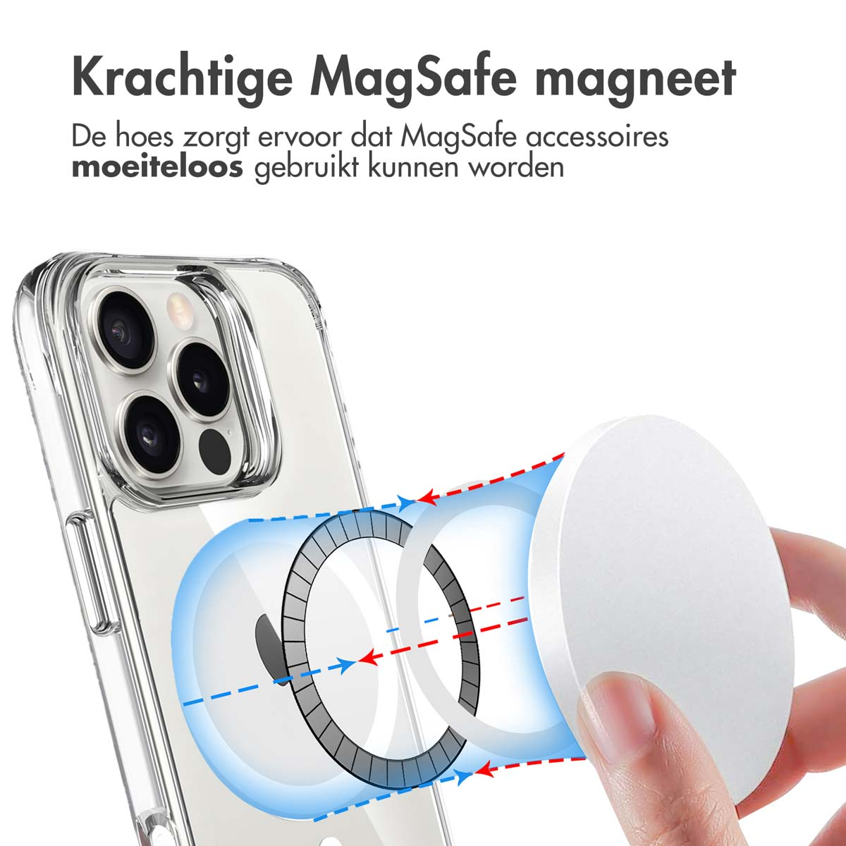 Transparante iPhone-hoes met MagSafe-functie, met magnetische ring en werking.