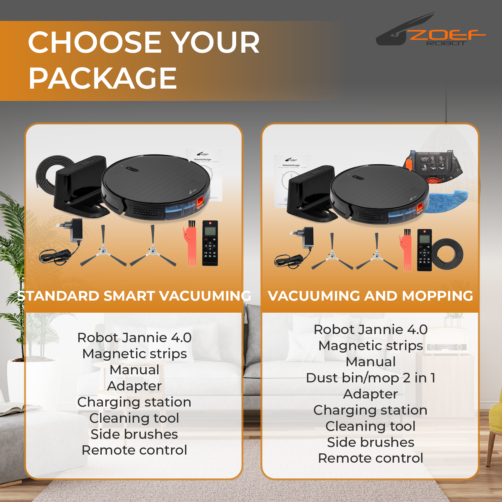 Two robot vacuum cleaner packages. One standard, the other with mopping features, each with accessories and product details listed.