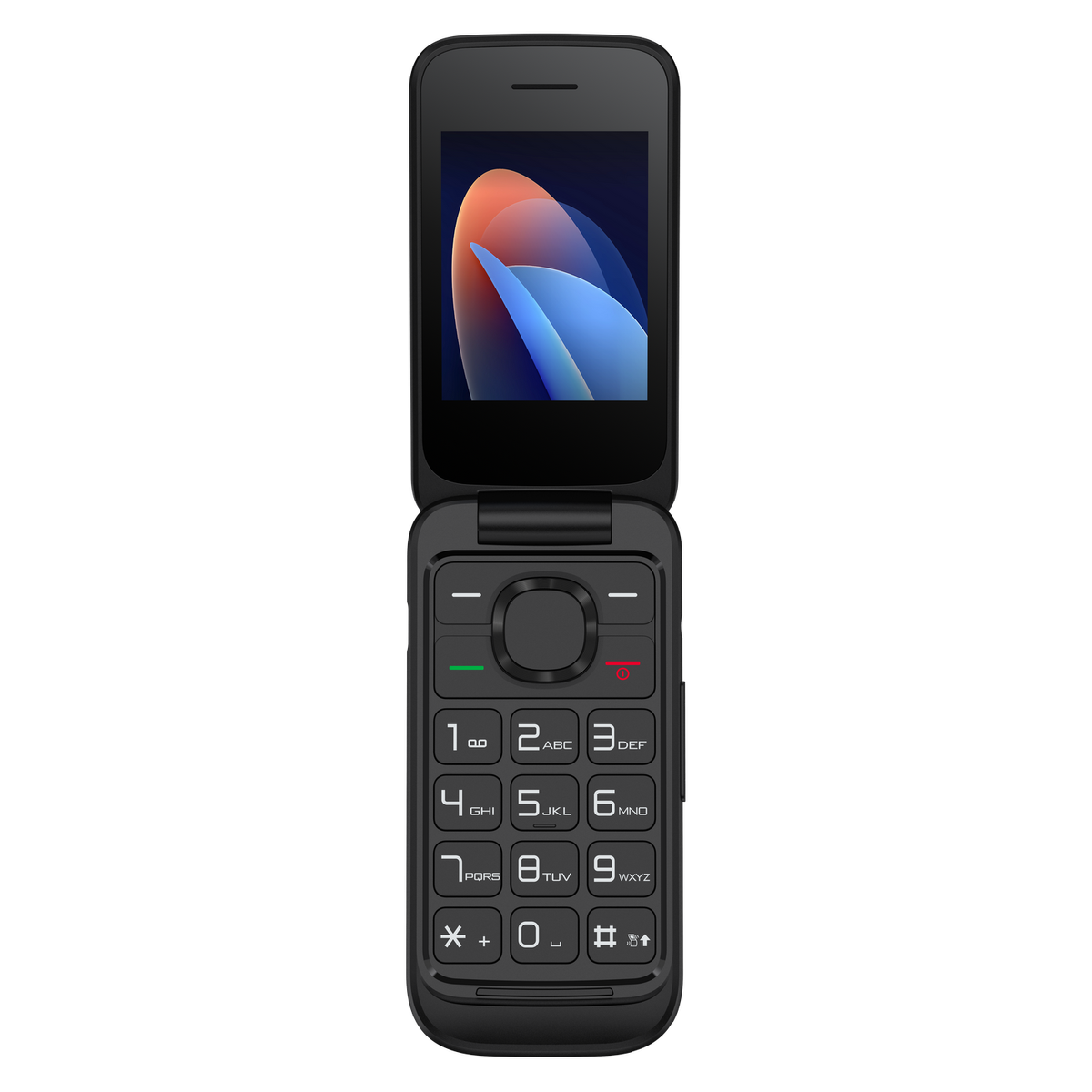 Telefono a conchiglia nero, aperto, che mostra schermo e tastiera.
