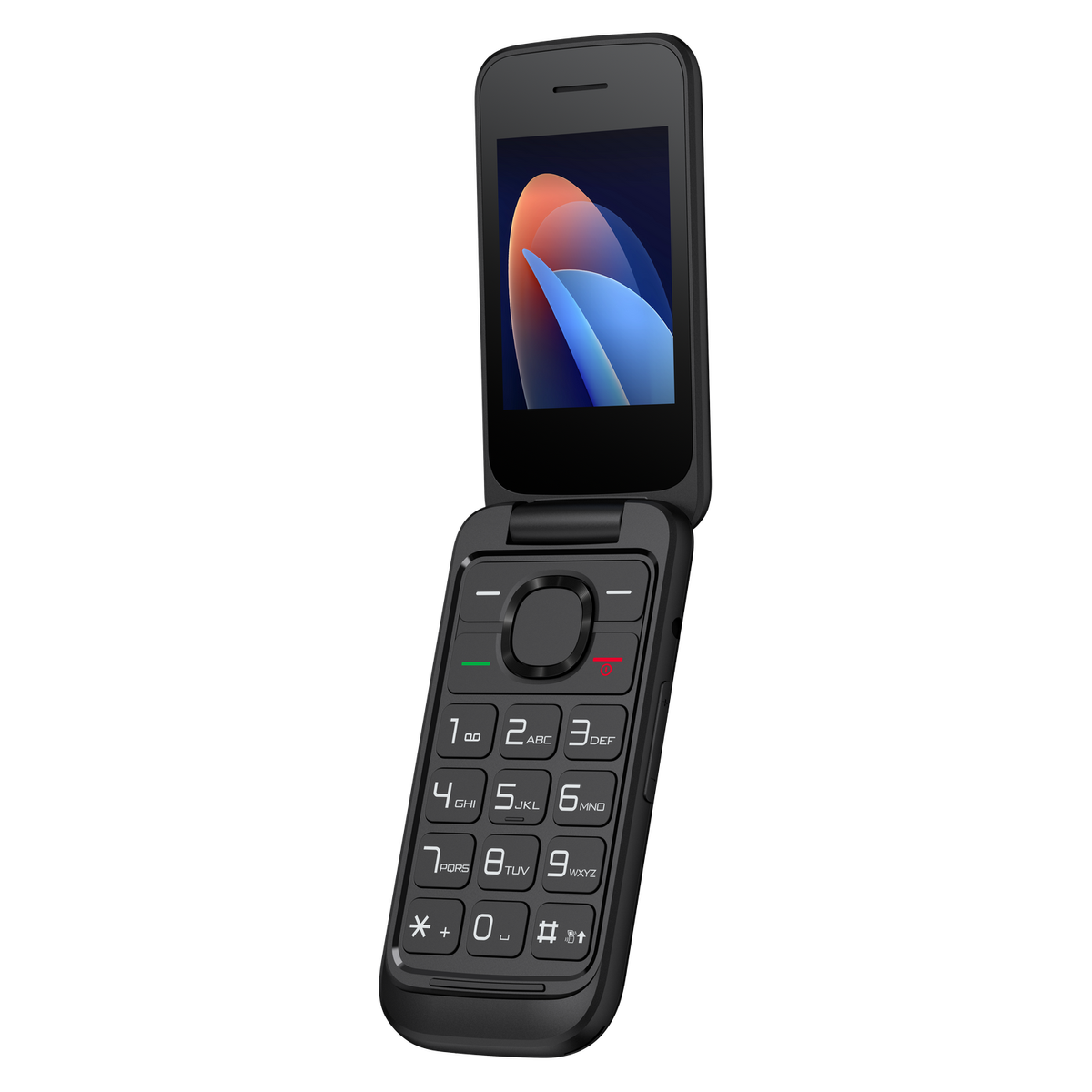 Telefono a conchiglia nero, aperto, con uno schermo che mostra un design colorato e un tastierino numerico.