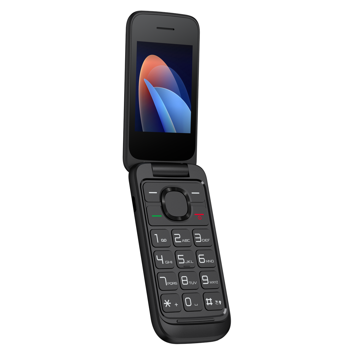 Telefono a conchiglia nero, parzialmente aperto, con immagine astratta sullo schermo.