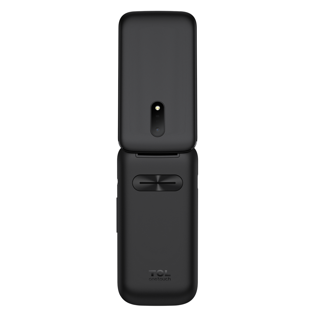 Telefono a conchiglia nero, aperto, su sfondo nero.