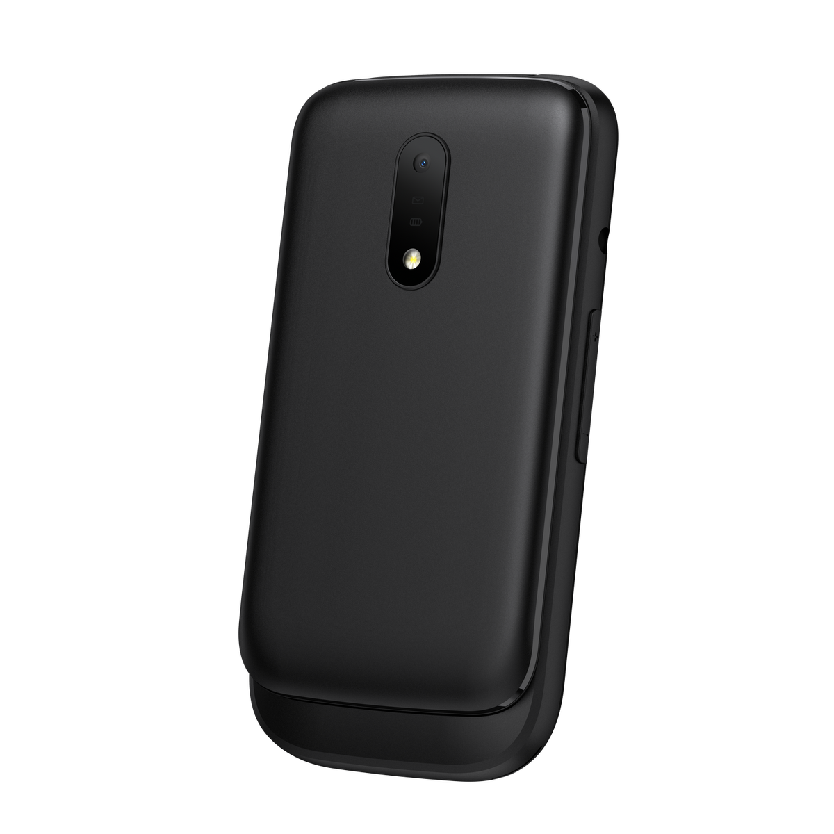 Un telefono a conchiglia nero, chiuso, vista angolata su sfondo scuro.