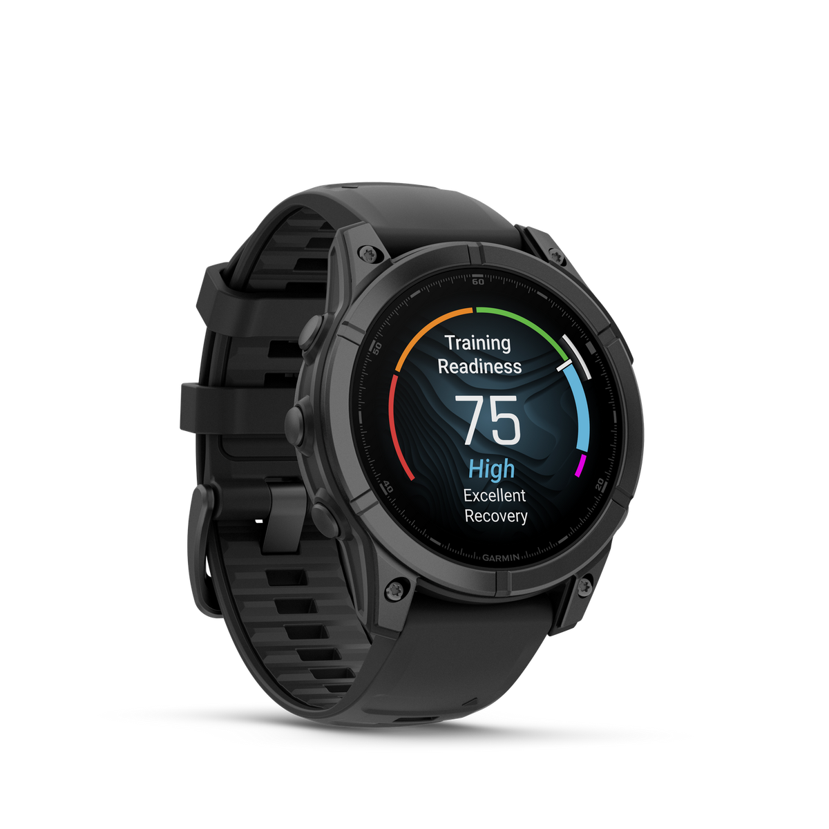 Czarny smartwatch z okrągłym wyświetlaczem, pokazujący gotowość treningową i wskaźniki regeneracji, na czarnym tle.